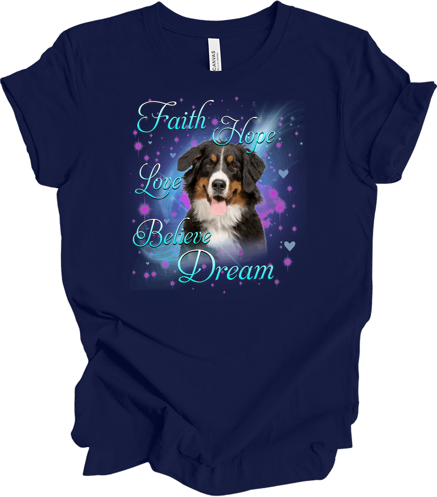 Bernese Mountain Dog Faith Hope Love Believe Dream Inspirational T-Shirt in Navy