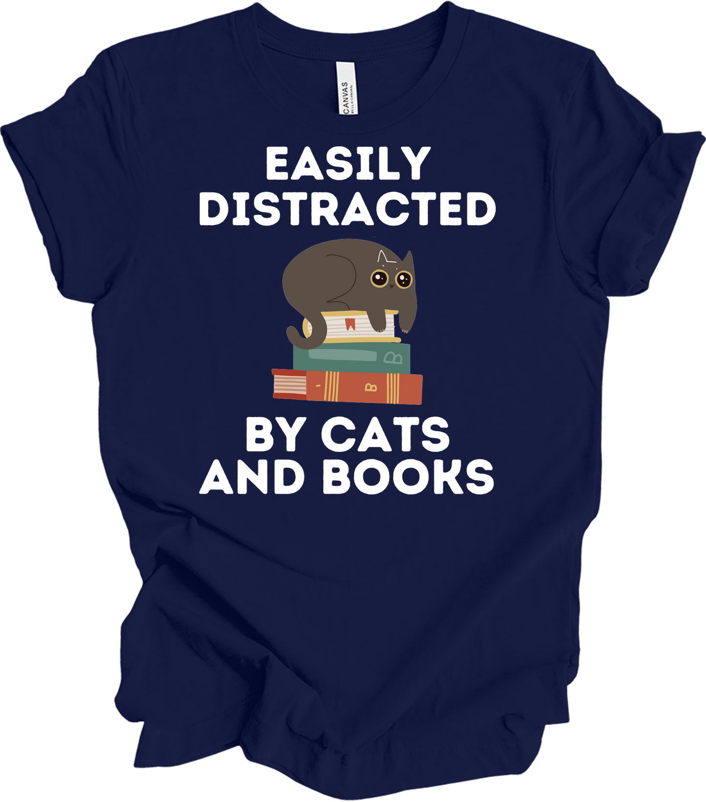 Cats and Books - Cute Cat Lover & Bookworm T-Shirt in Navy