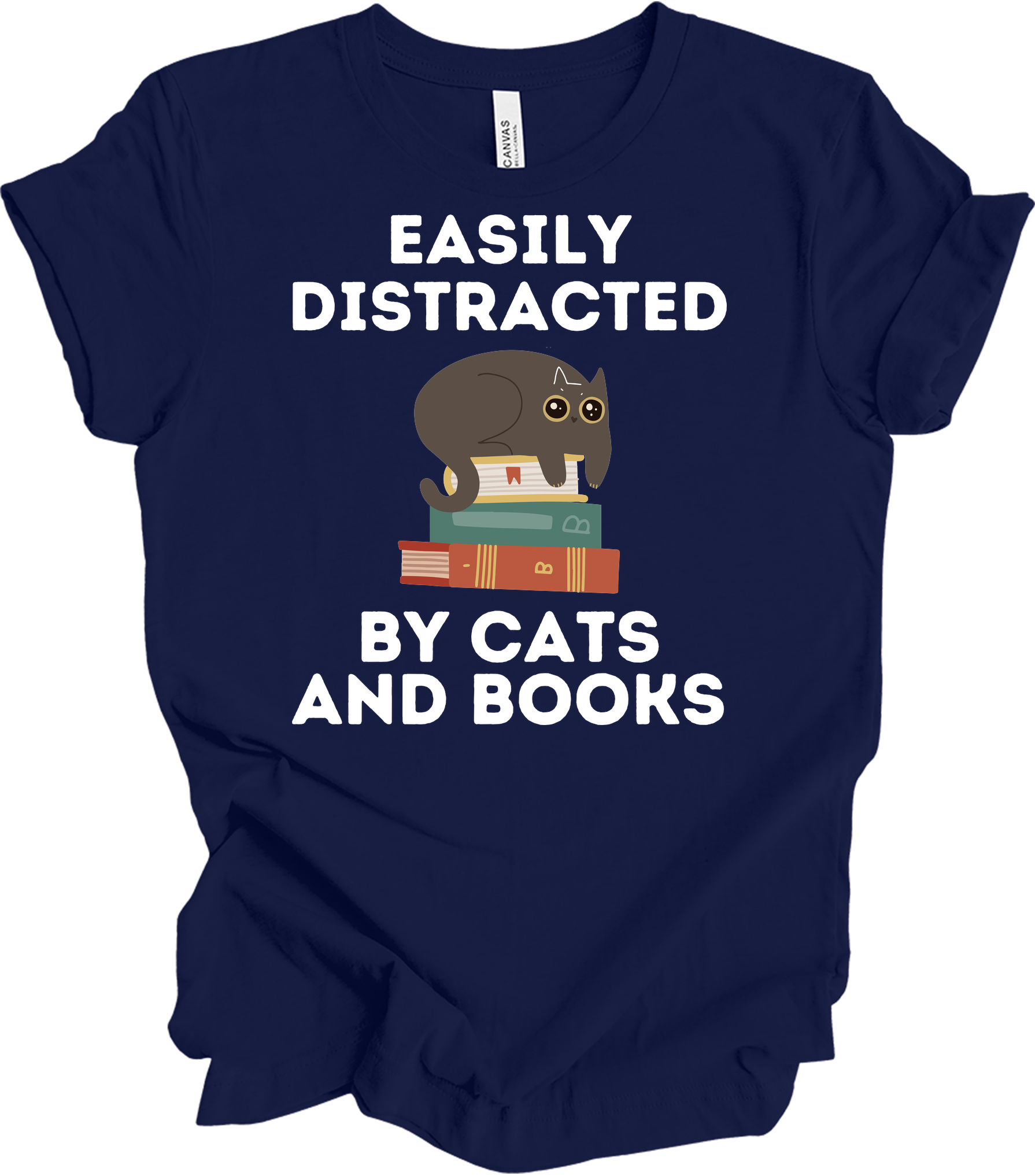 Cats and Books - Cute Cat Lover & Bookworm T-Shirt in Navy