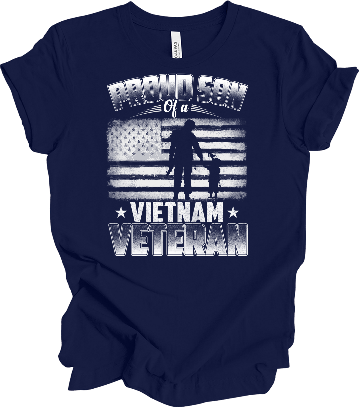 Proud Son Vietnam Veteran Patriotic US Flag T-Shirt in Navy