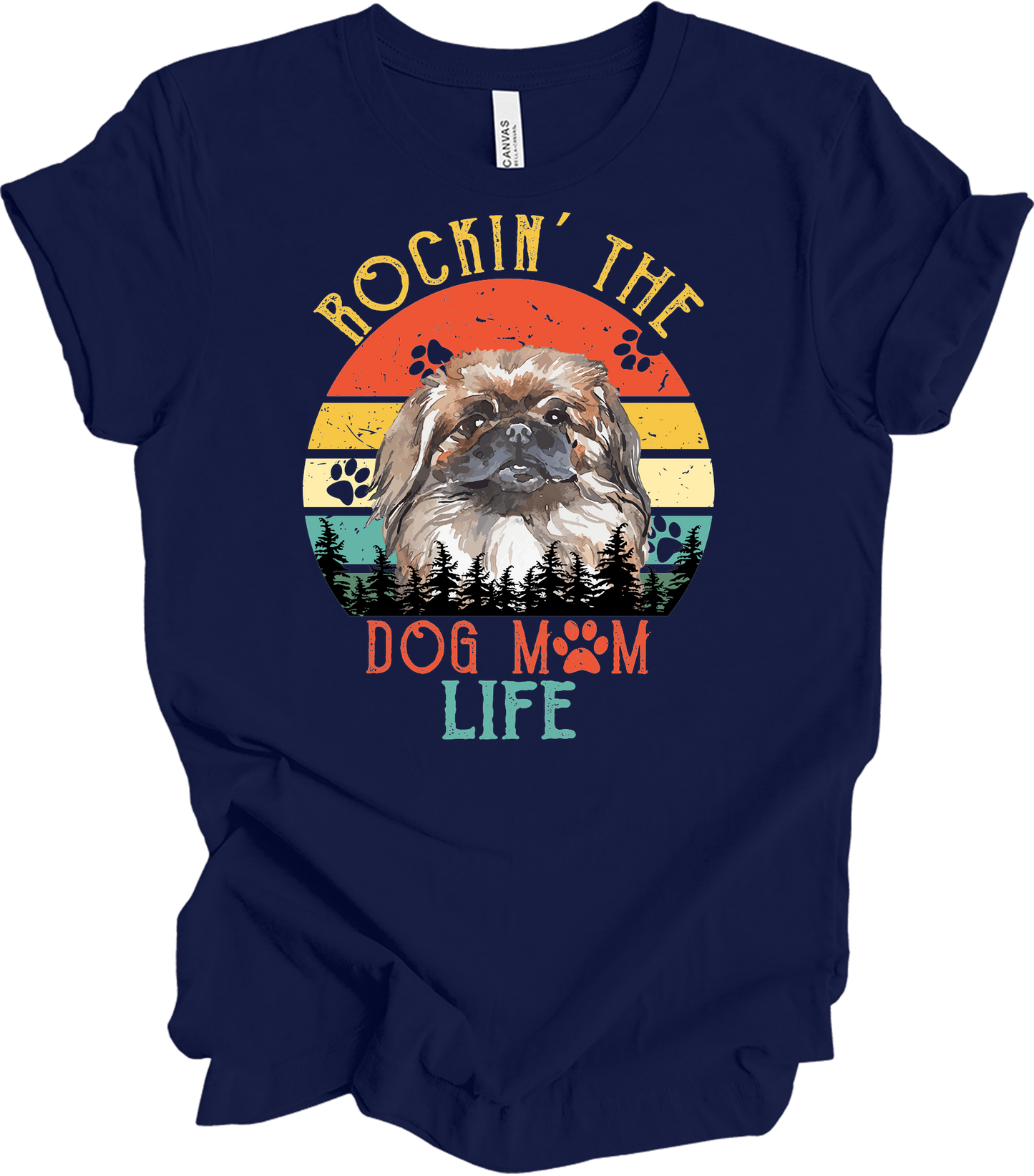 Pekingese Dog Mom Life Retro Sunset T-Shirt in Navy