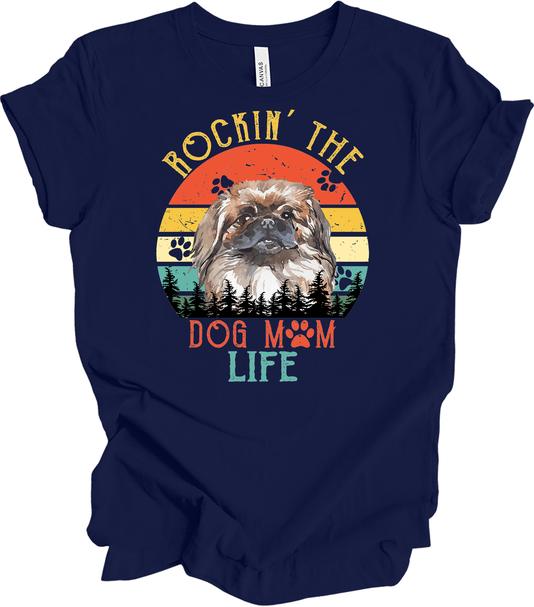 Pekingese Dog Mom Life Retro Sunset T-Shirt in Navy