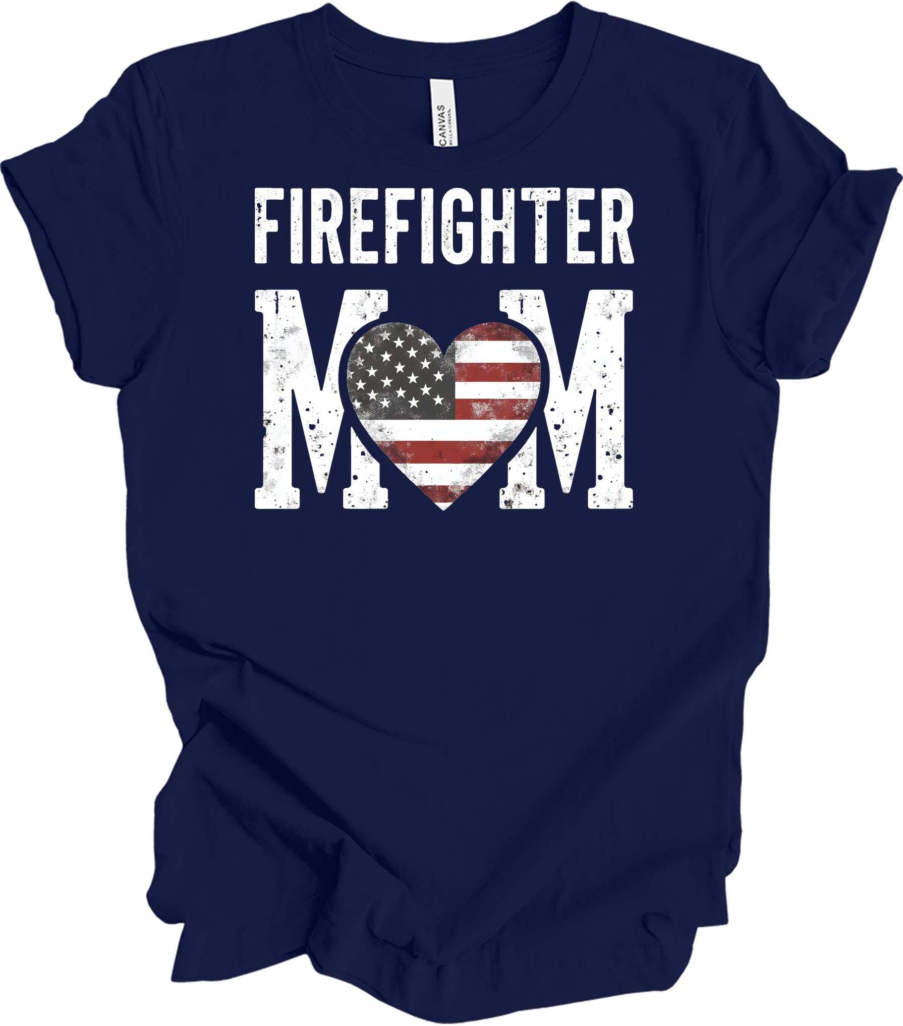 Firefighter Mom Flag Heart T-Shirt in Navy