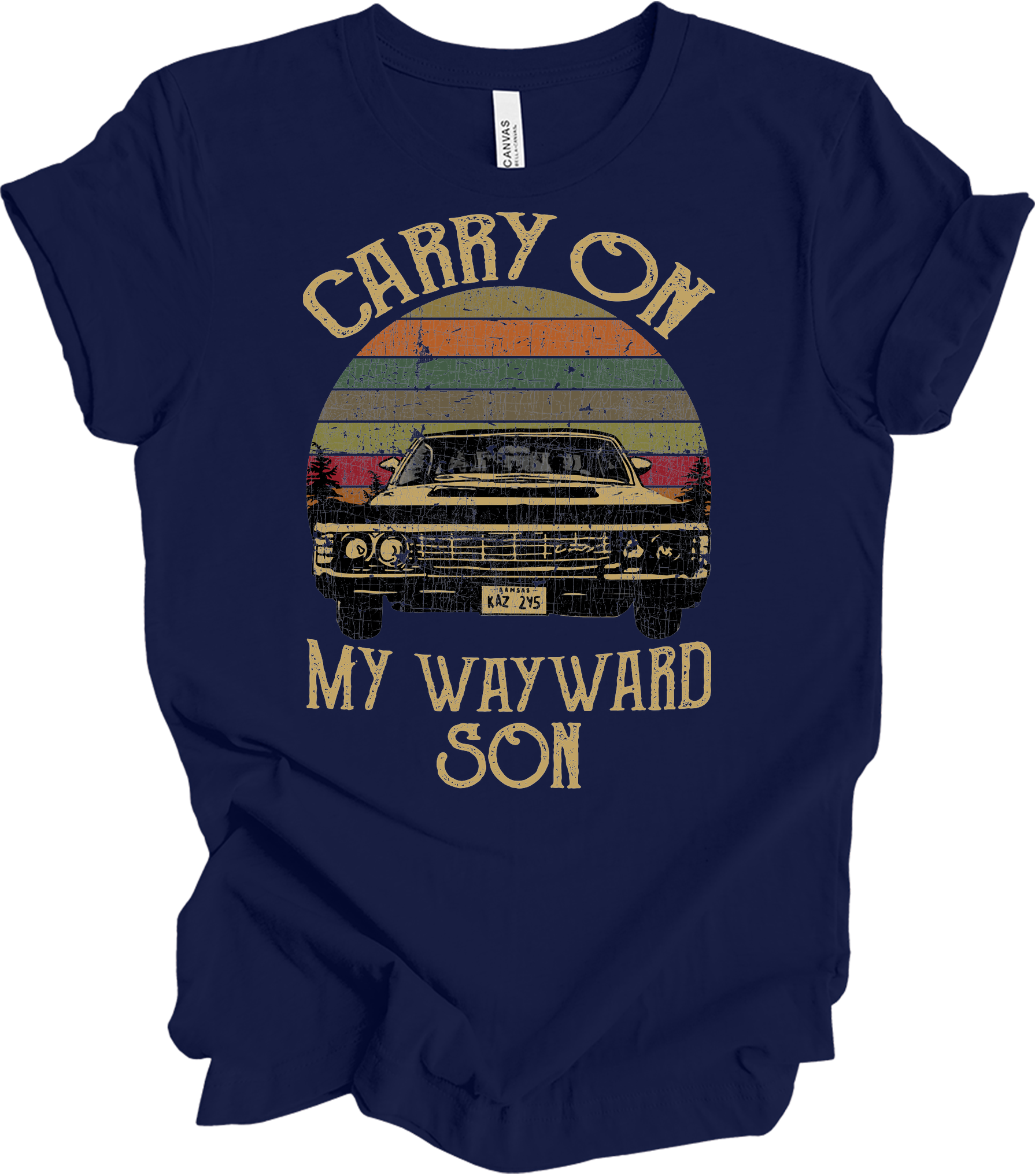 Carry On Wayward Son Supernatural Vintage T-Shirt in Navy
