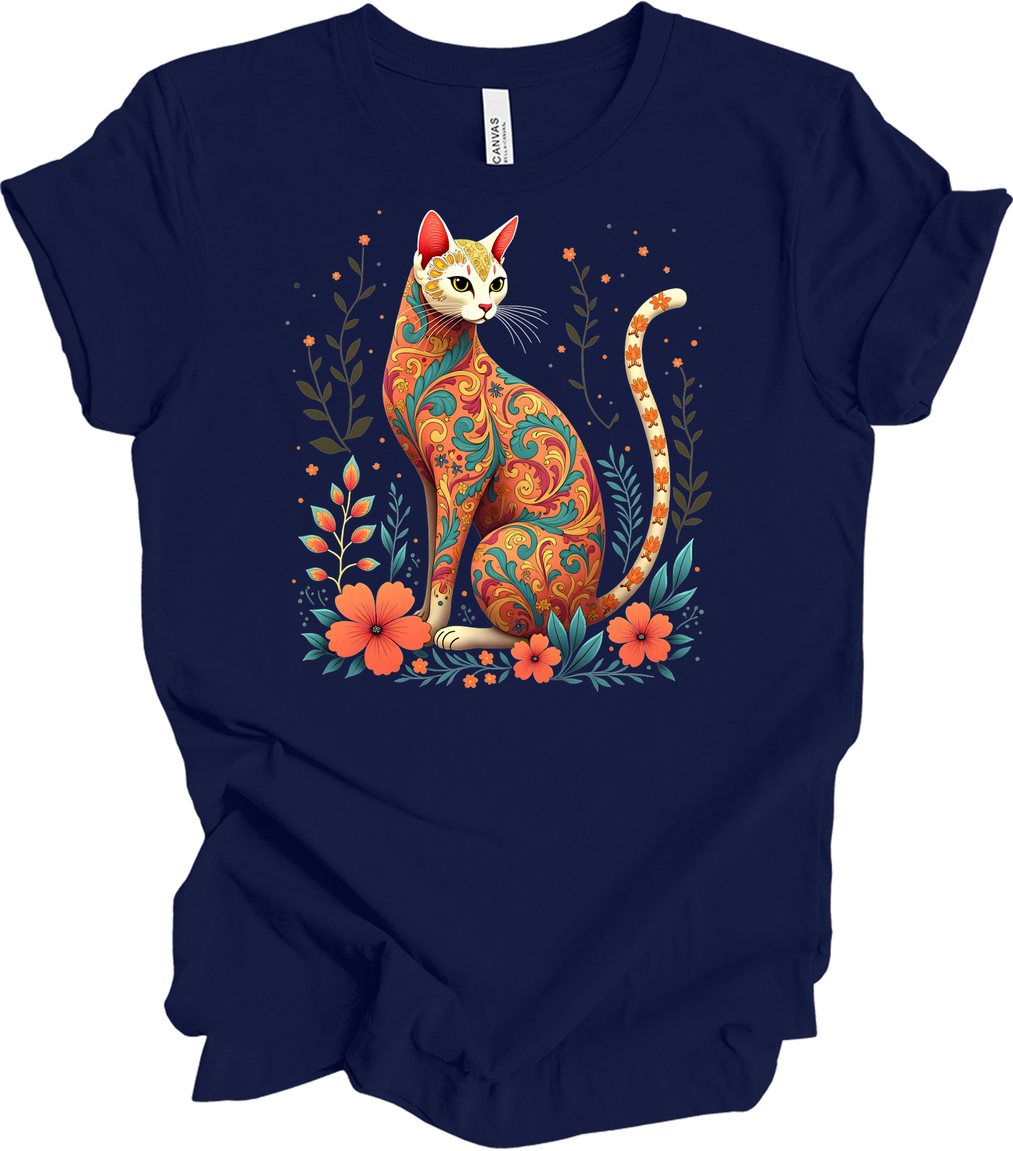 Floral Cat Art - Siamese Design T-Shirt in Navy