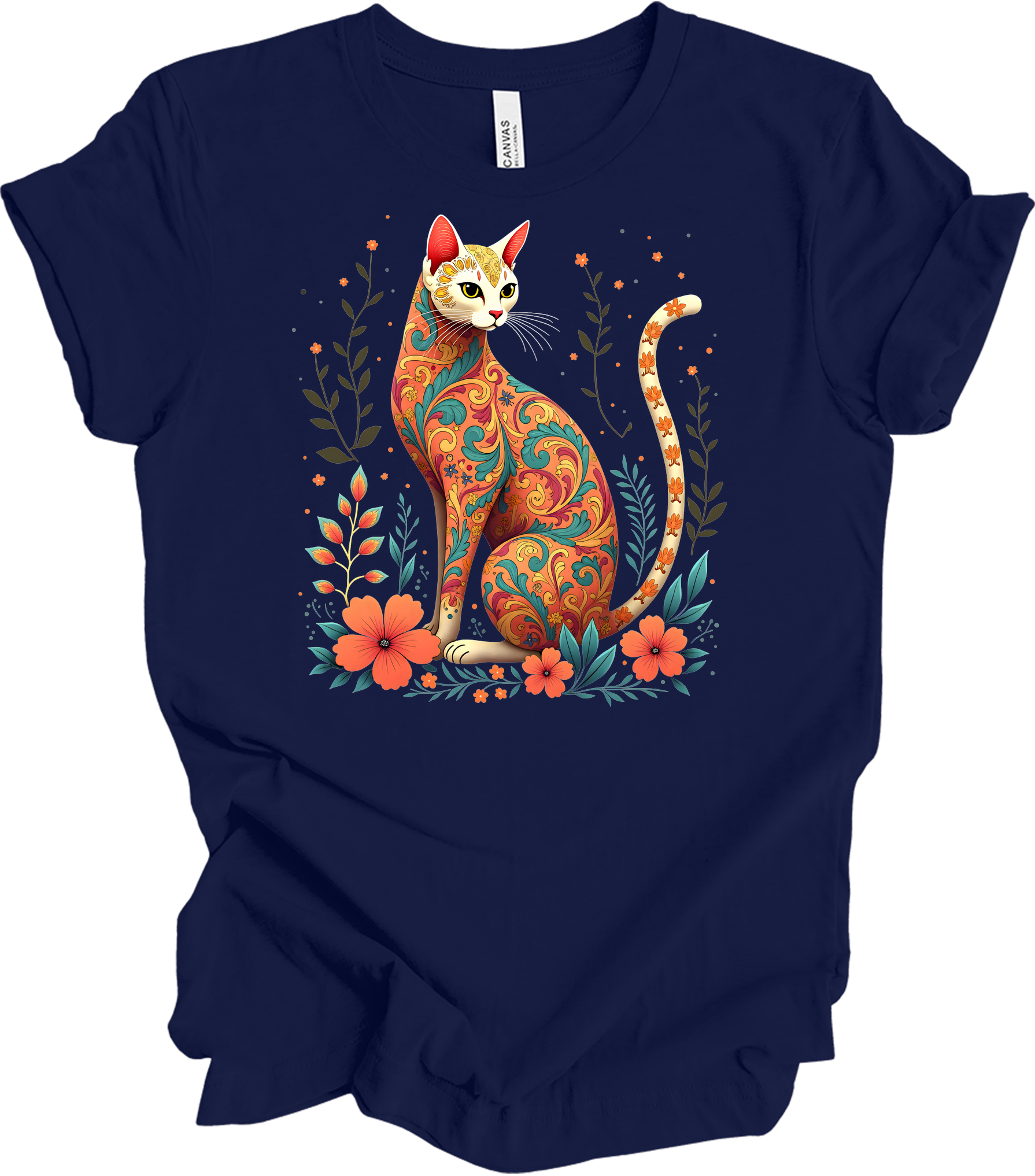 Floral Cat Art - Siamese Design T-Shirt in Navy