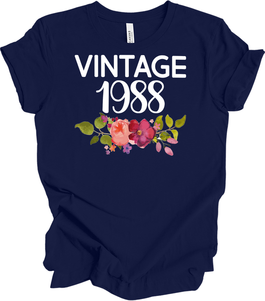 Vintage 1988 Birth Year Floral - 35th Birthday Gift T-Shirt in Navy