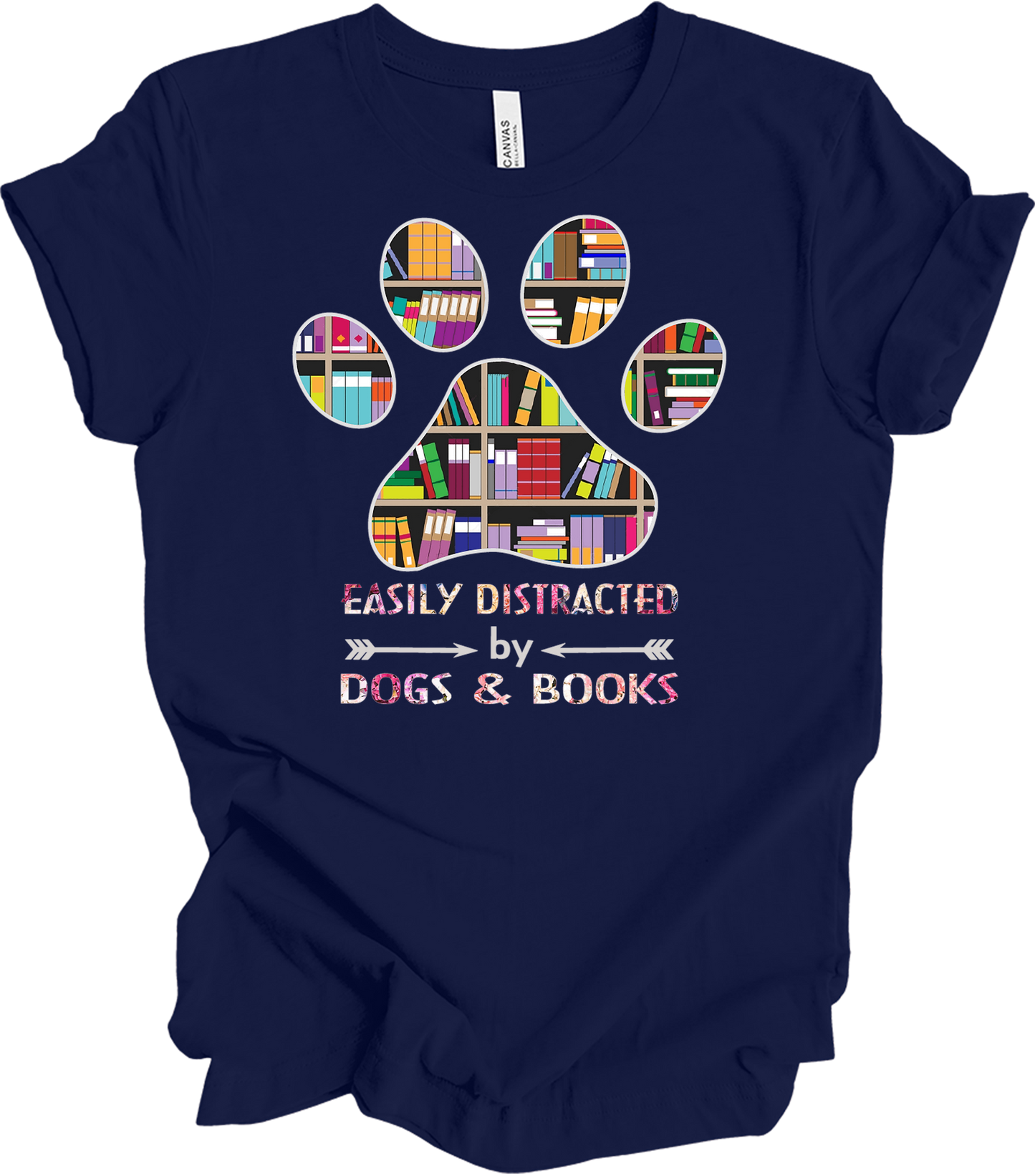 Colorful Paw Print Dogs & Books T-Shirt in Navy