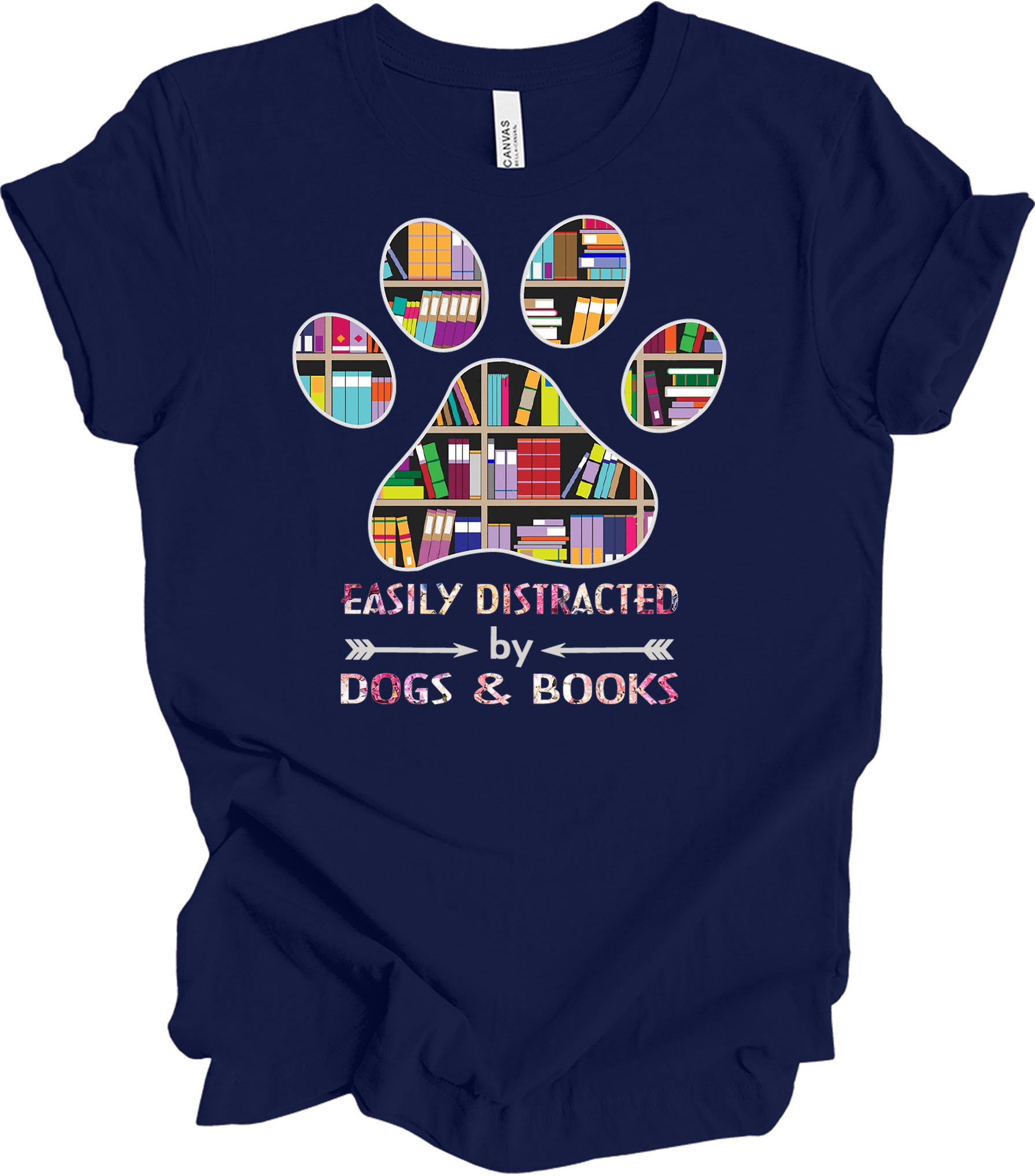 Colorful Paw Print Dogs & Books T-Shirt in Navy