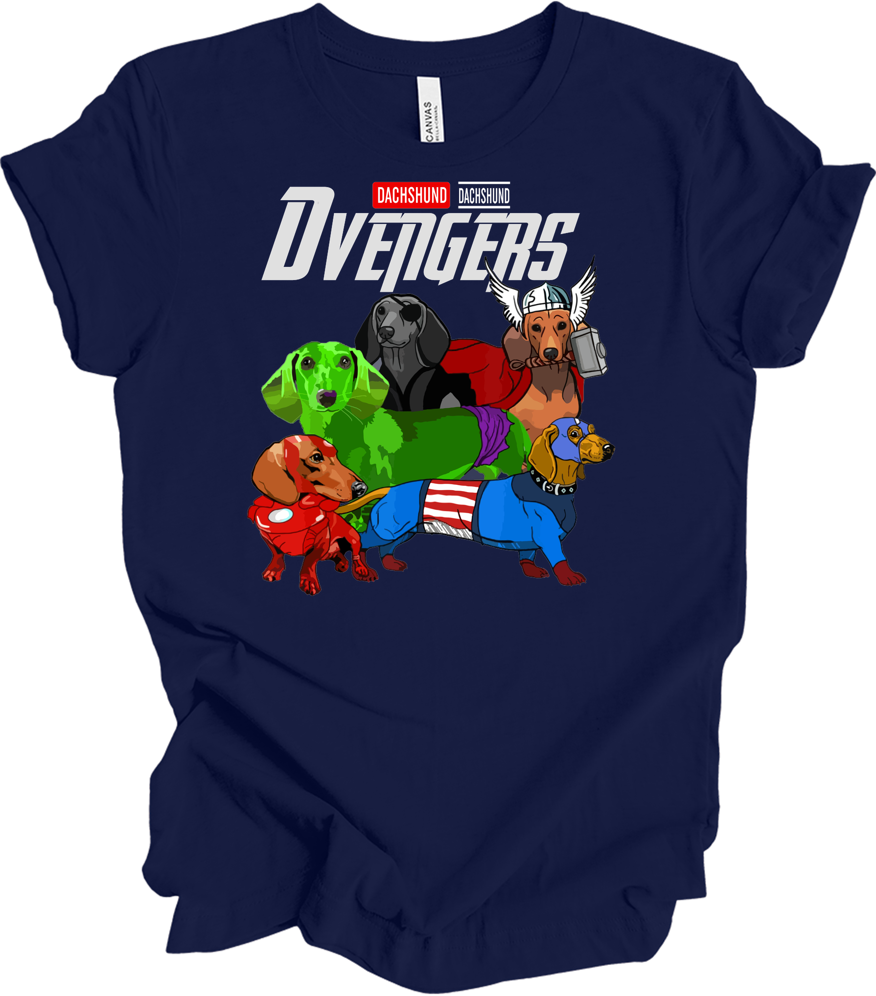 Dachshund Dvengers Funny Dog Lover Superhero T-Shirt in Navy