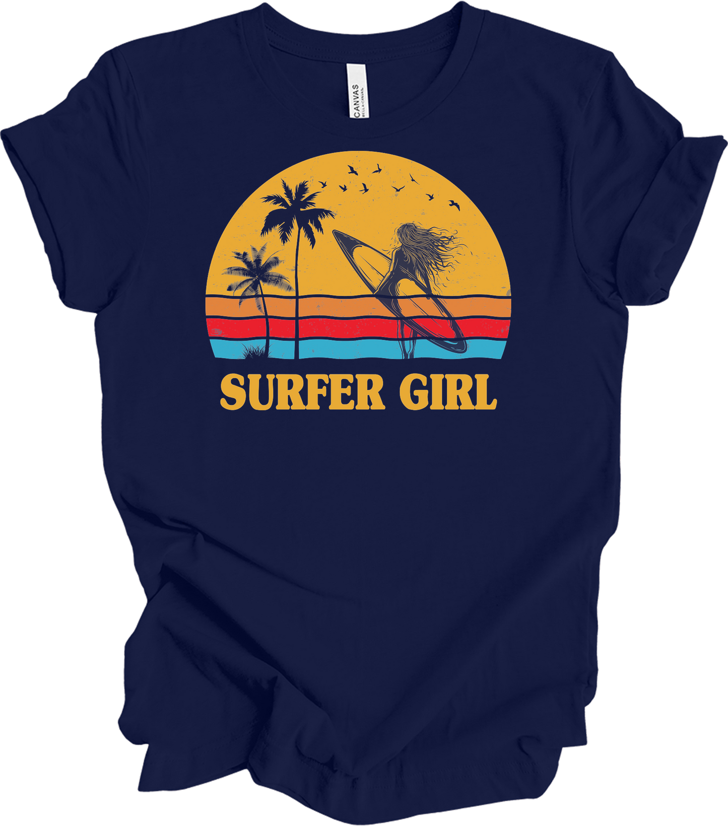 Surfer Girl Vintage Retro 70s Beach Surfing California Lover T-Shirt in Navy