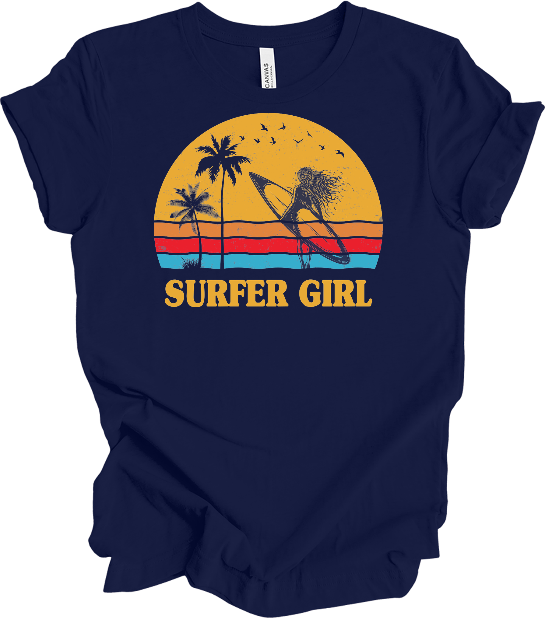 Surfer Girl Vintage Retro 70s Beach Surfing California Lover T-Shirt in Navy