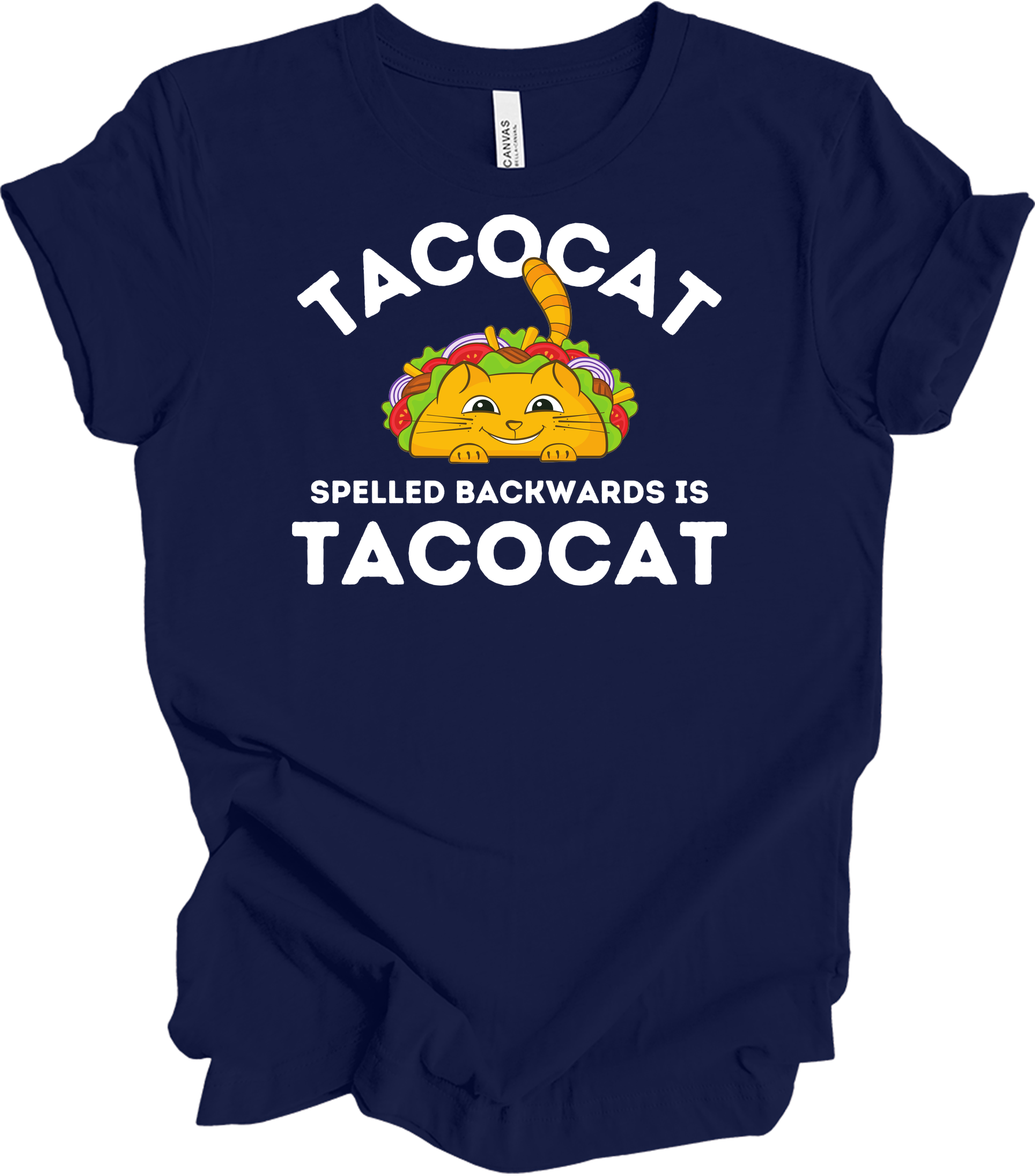 Tacocat Spelled Backwards Funny Taco Cat T-Shirt in Navy