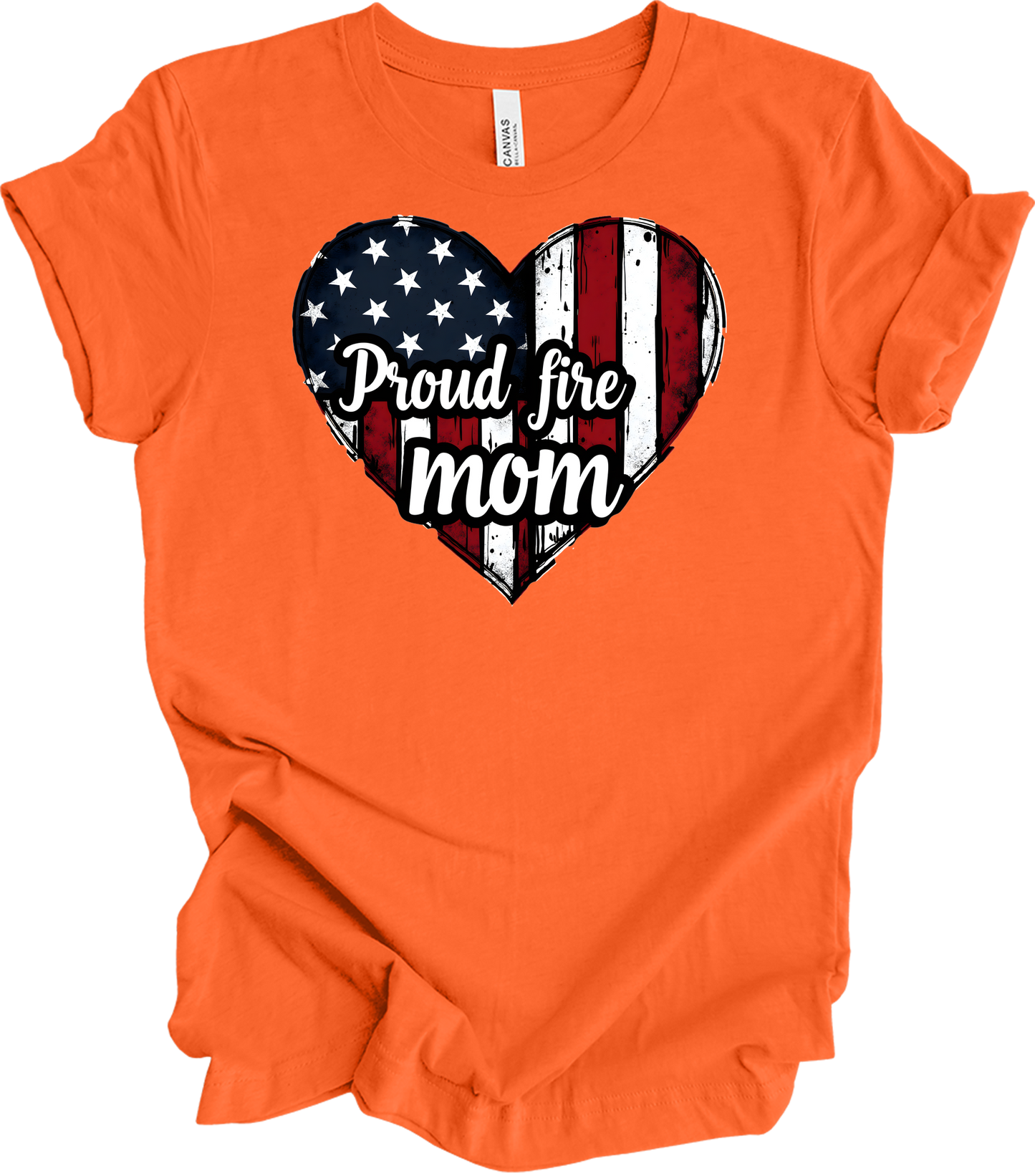 Proud Fire Mom - USA Flag Heart T-Shirt in Orange