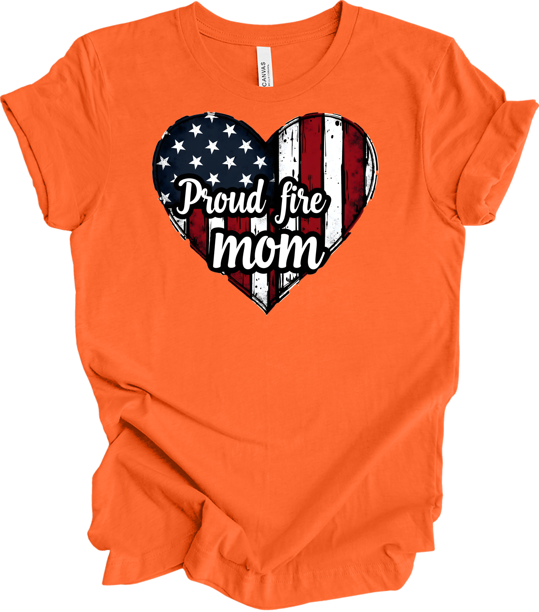 Proud Fire Mom - USA Flag Heart T-Shirt in Orange