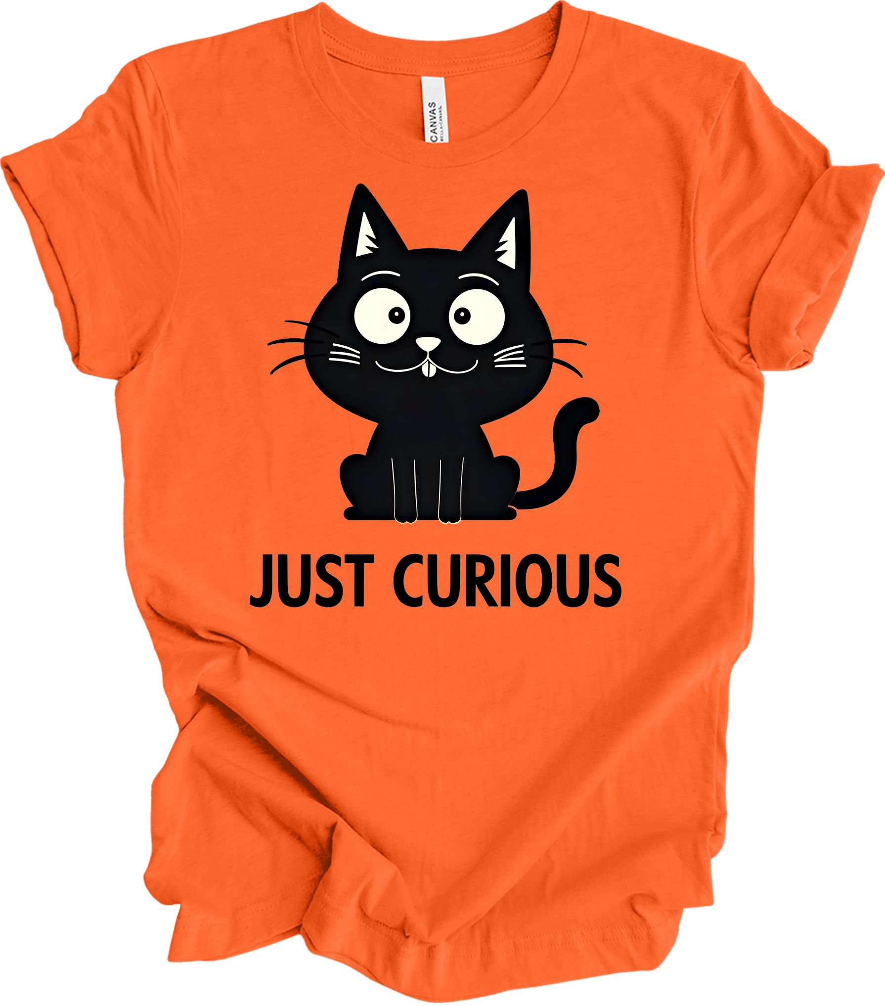 Curious Cat - Funny Black Cat Design T-Shirt in Orange