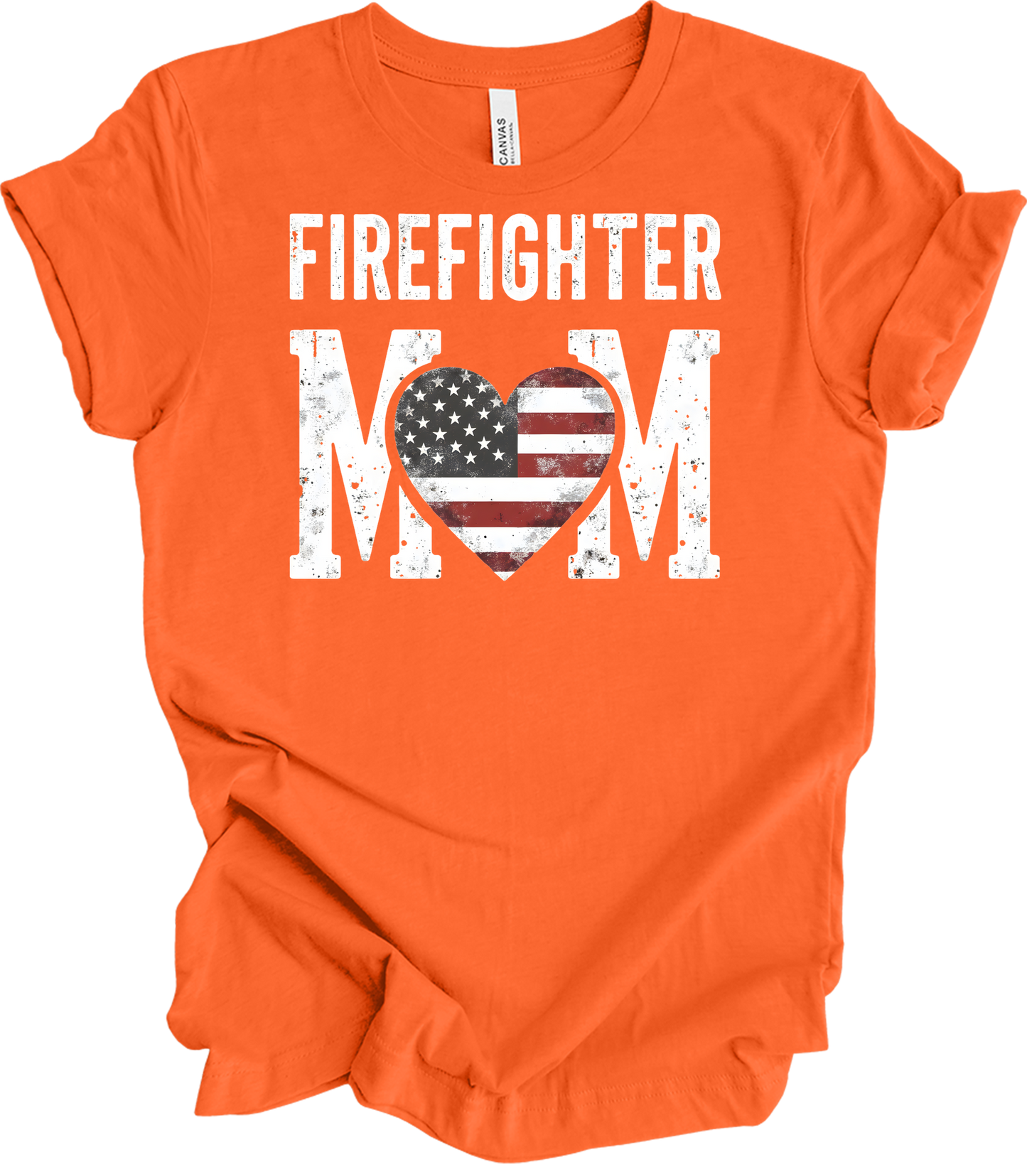 Firefighter Mom Flag Heart T-Shirt in Orange