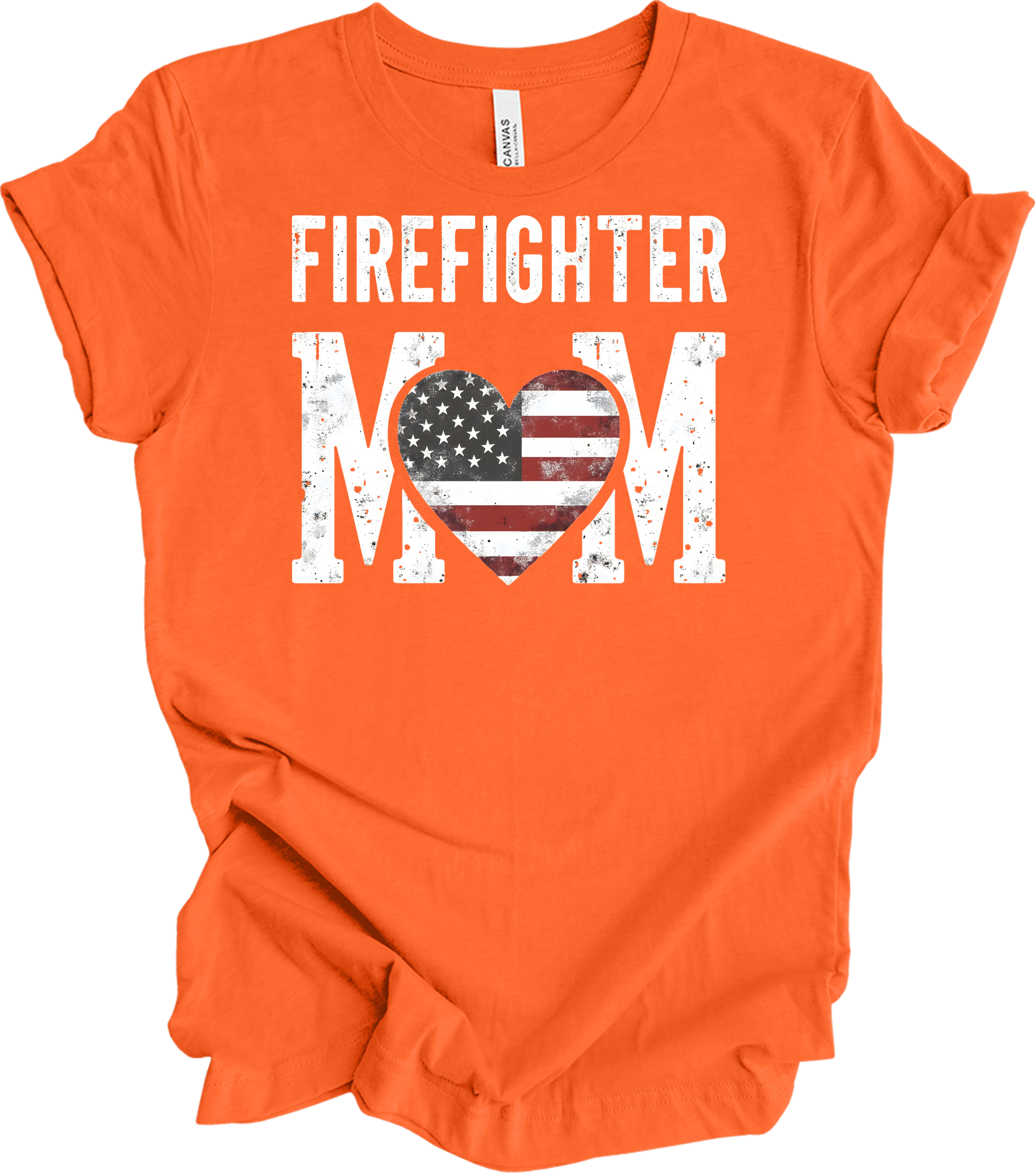 Firefighter Mom Flag Heart T-Shirt in Orange