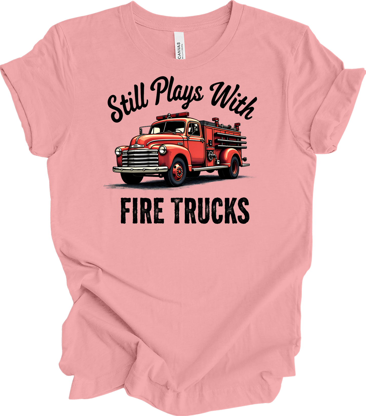 Still Plays With Fire Trucks T-Shirt in Pink