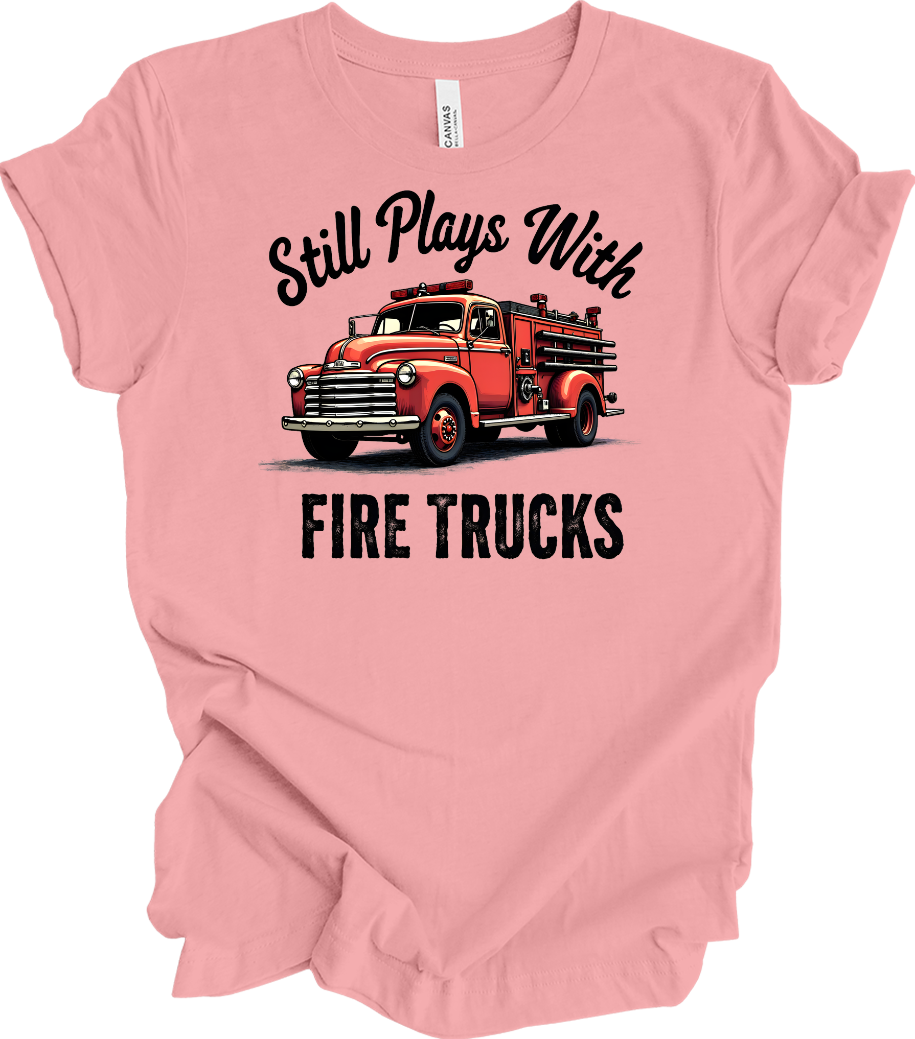 Still Plays With Fire Trucks T-Shirt in Pink