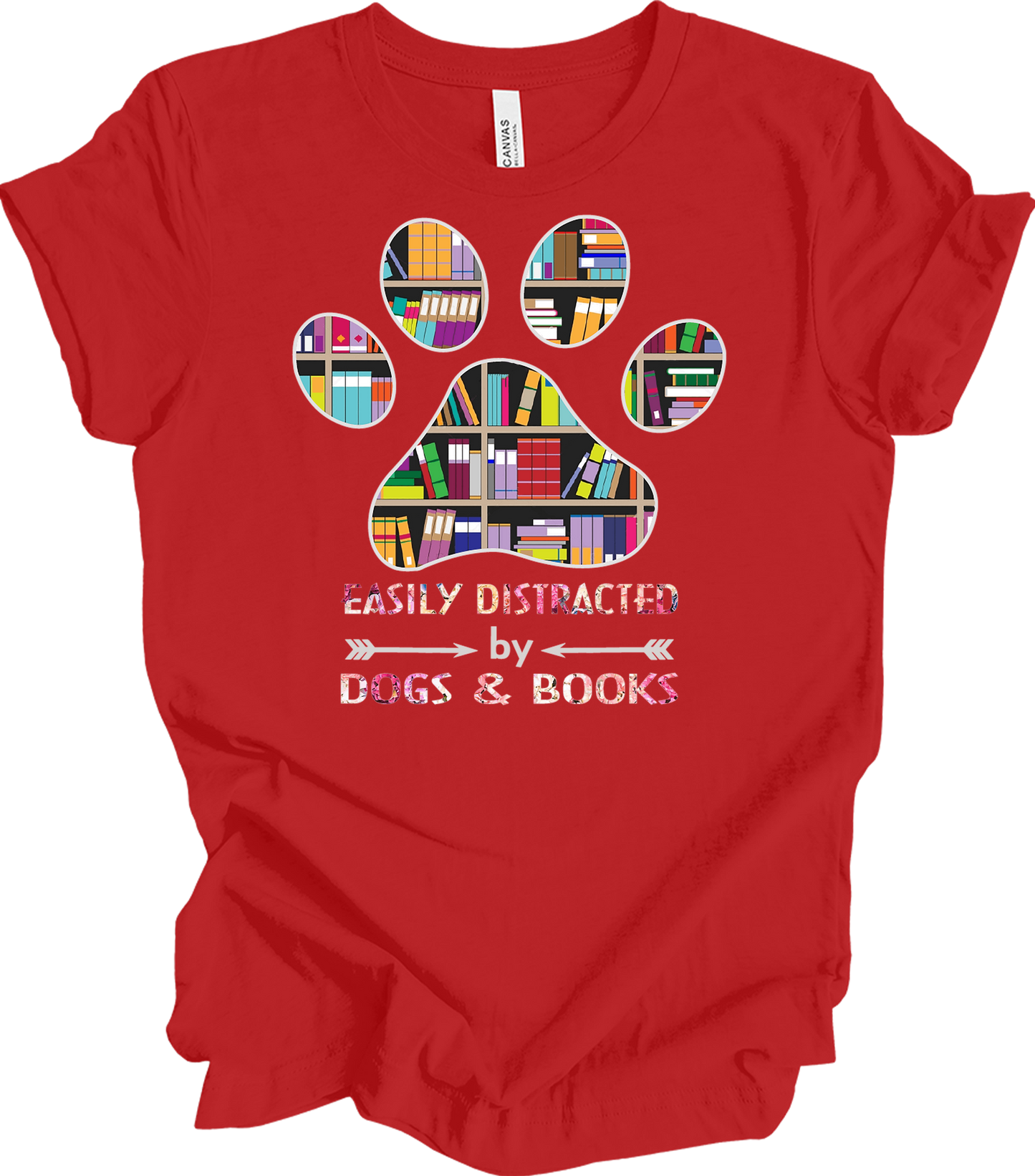 Colorful Paw Print Dogs & Books T-Shirt in Red