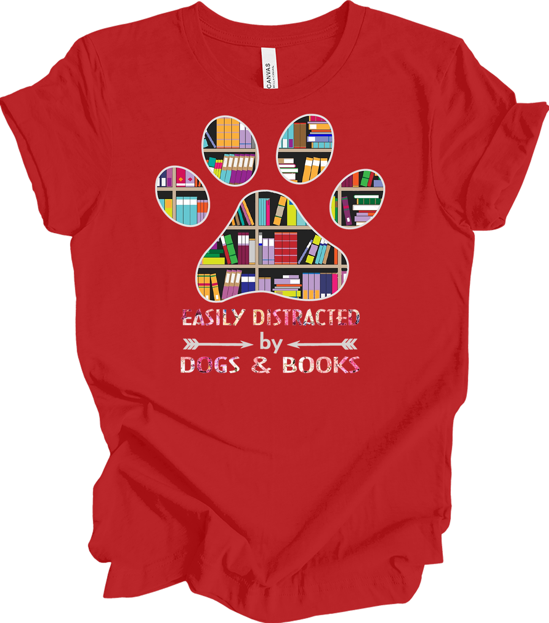 Colorful Paw Print Dogs & Books T-Shirt in Red