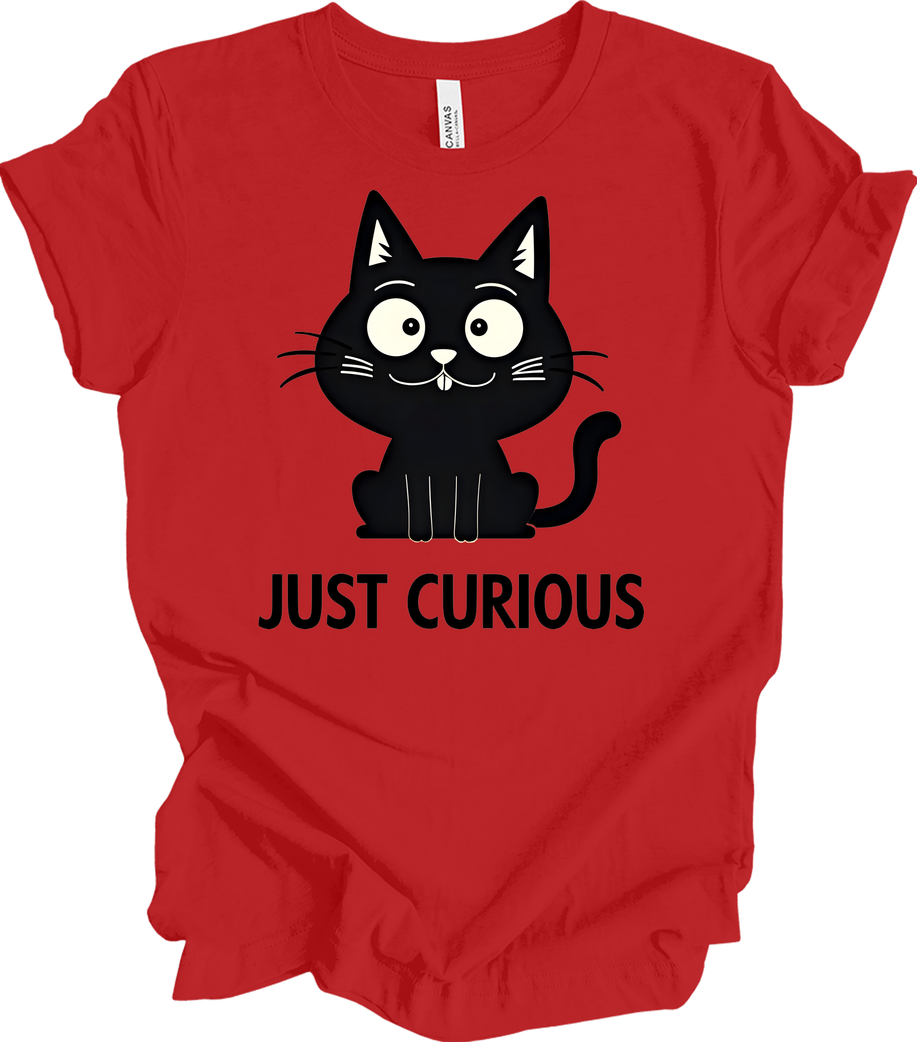 Curious Cat - Funny Black Cat Design T-Shirt in Red