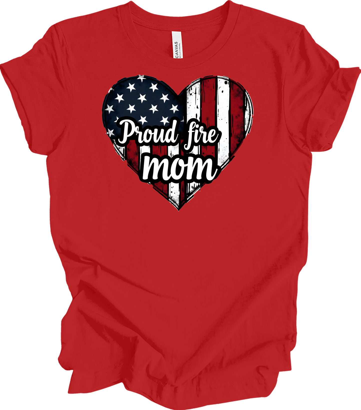 Proud Fire Mom - USA Flag Heart T-Shirt in Red