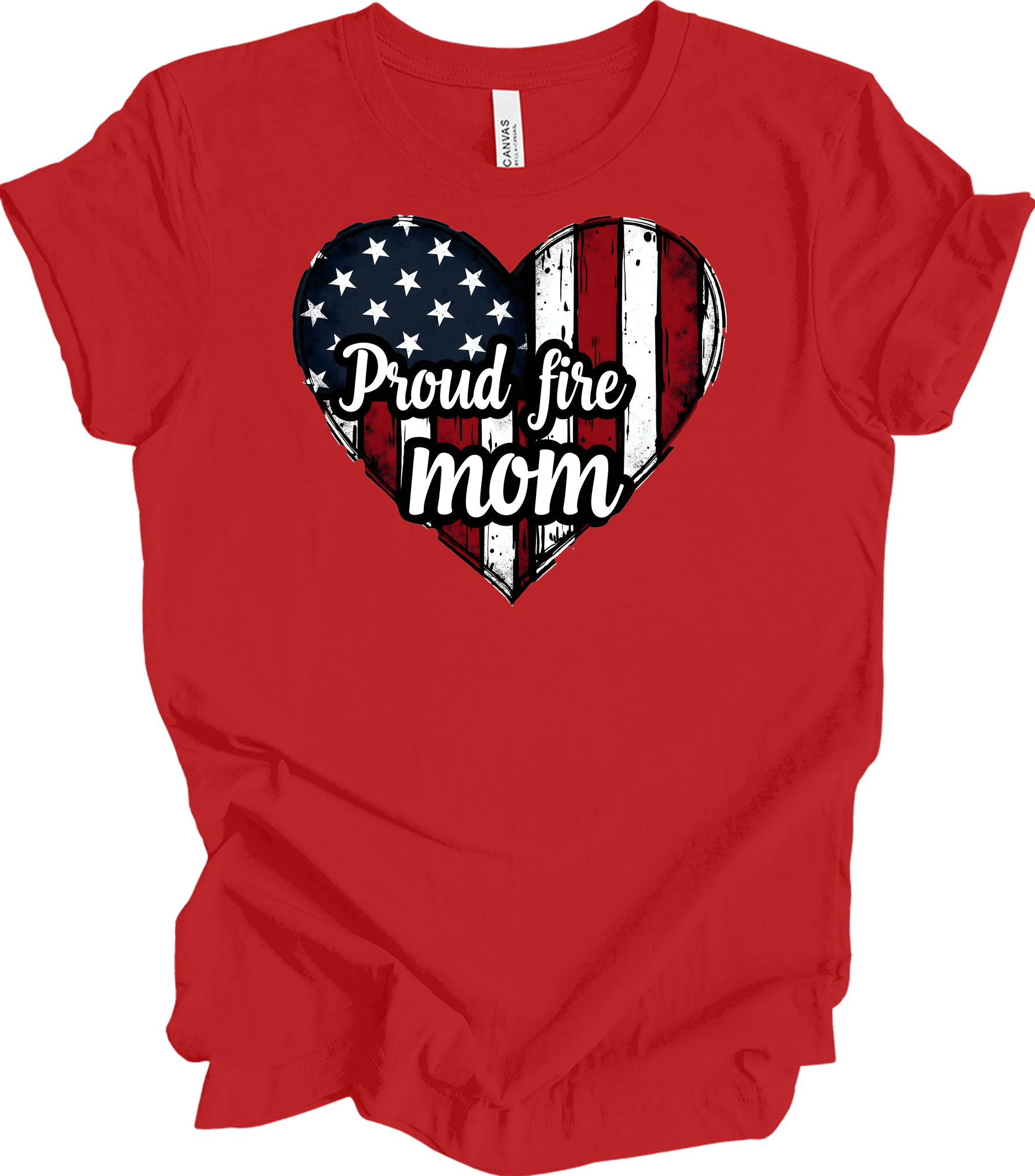 Proud Fire Mom - USA Flag Heart T-Shirt in Red