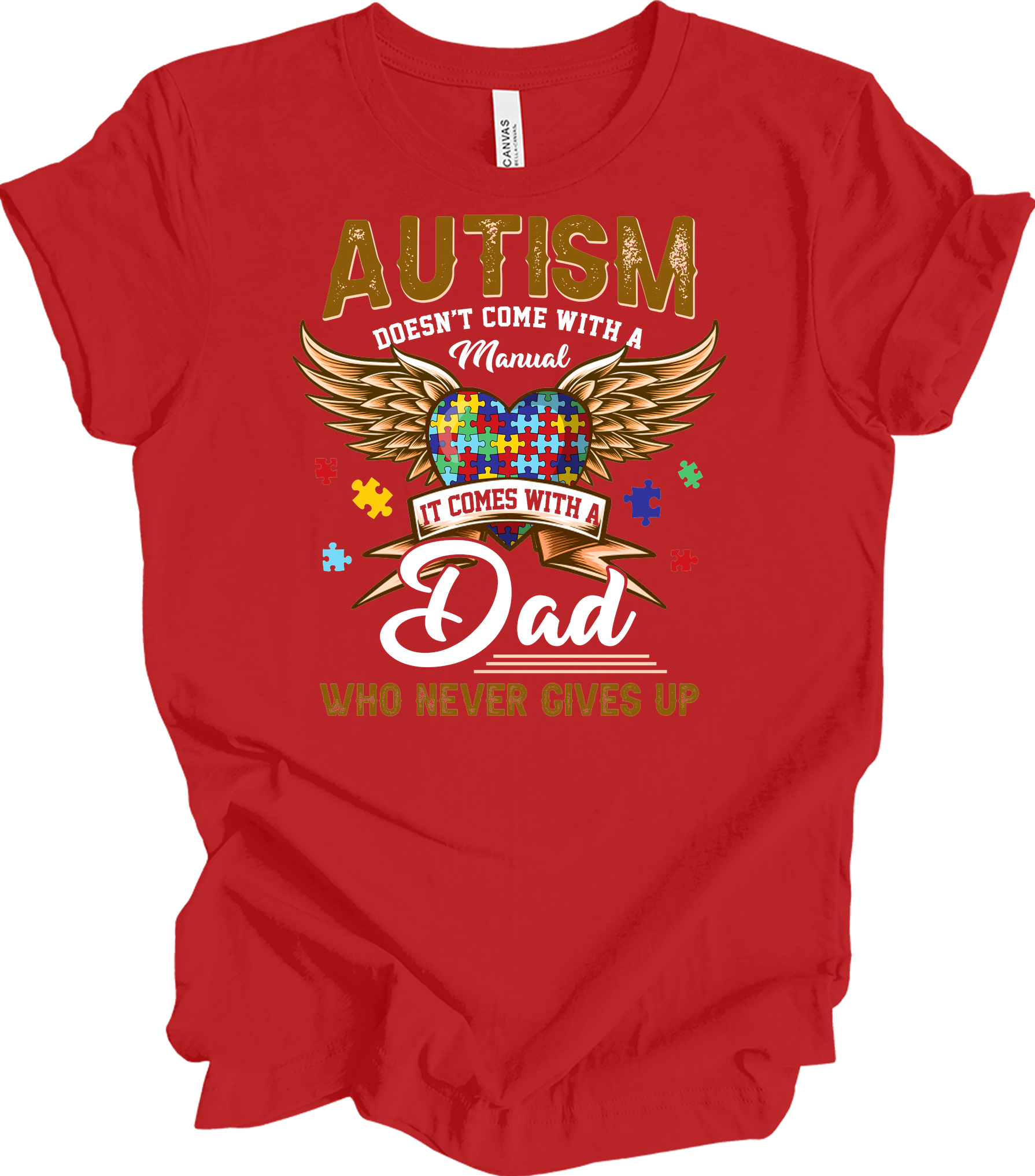 Autism Dad Heart Puzzle T-Shirt in Red
