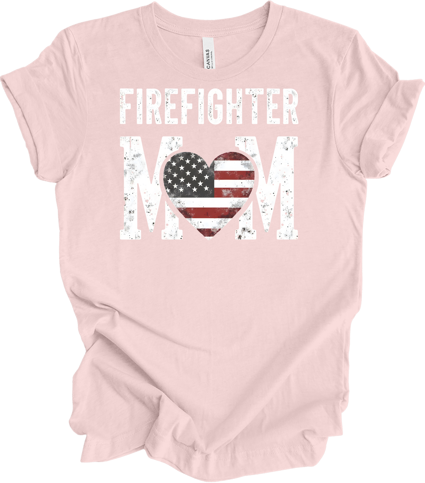 Firefighter Mom Flag Heart T-Shirt in Soft Pink