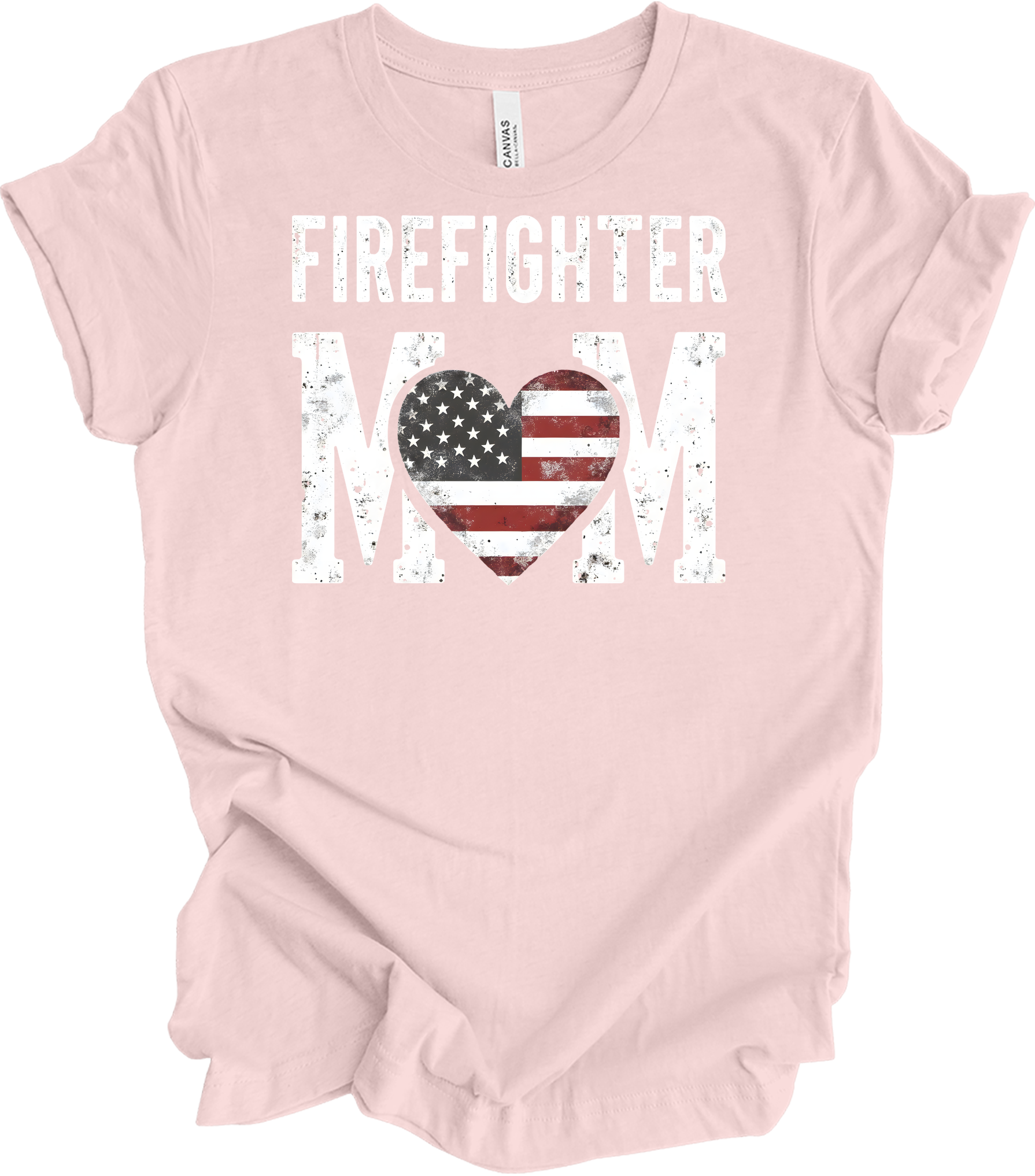 Firefighter Mom Flag Heart T-Shirt in Soft Pink
