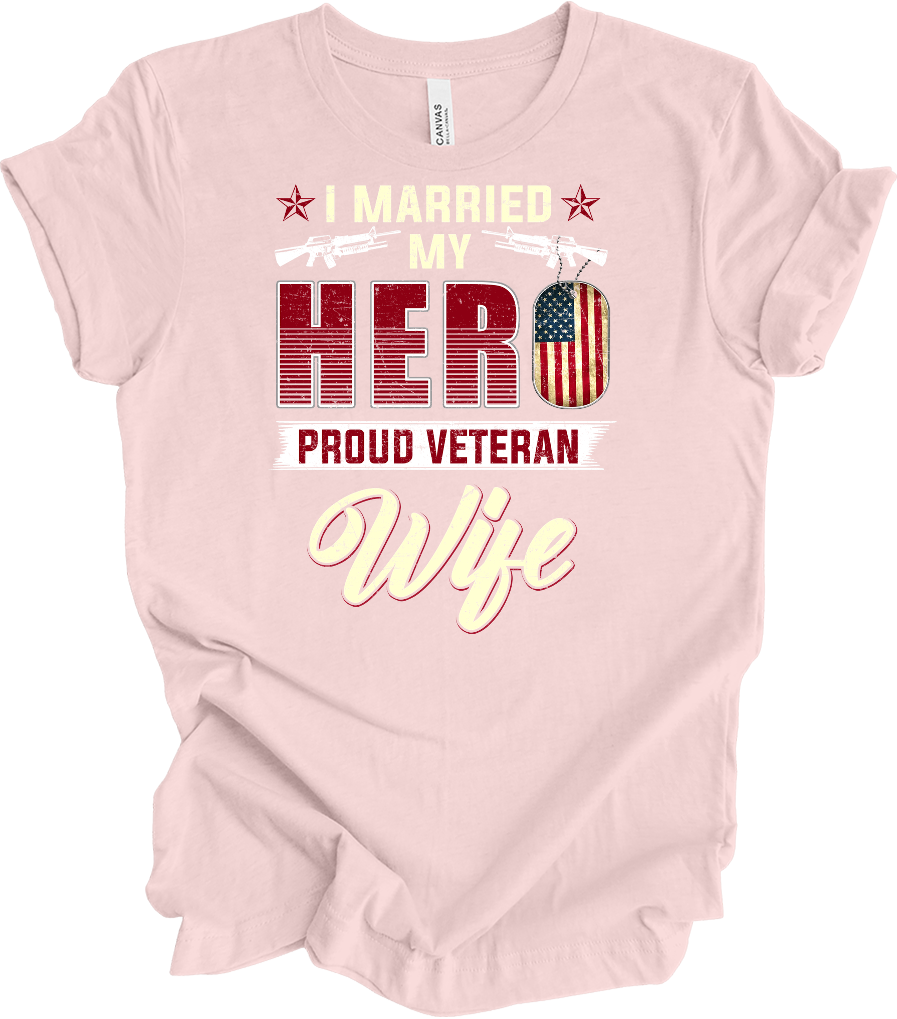Proud Veteran Wife - I Married My Hero Patriotic T-Shirt in Soft Pink