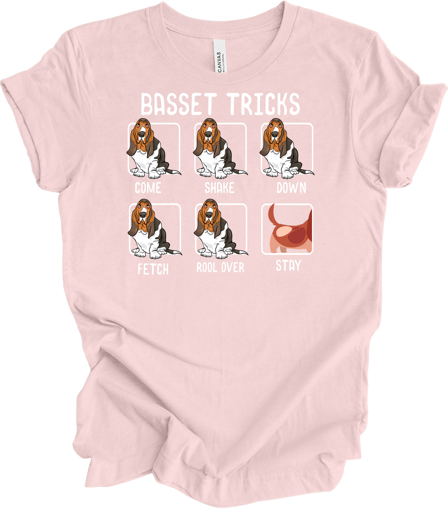 Basset Tricks Dog T-Shirt in Soft Pink