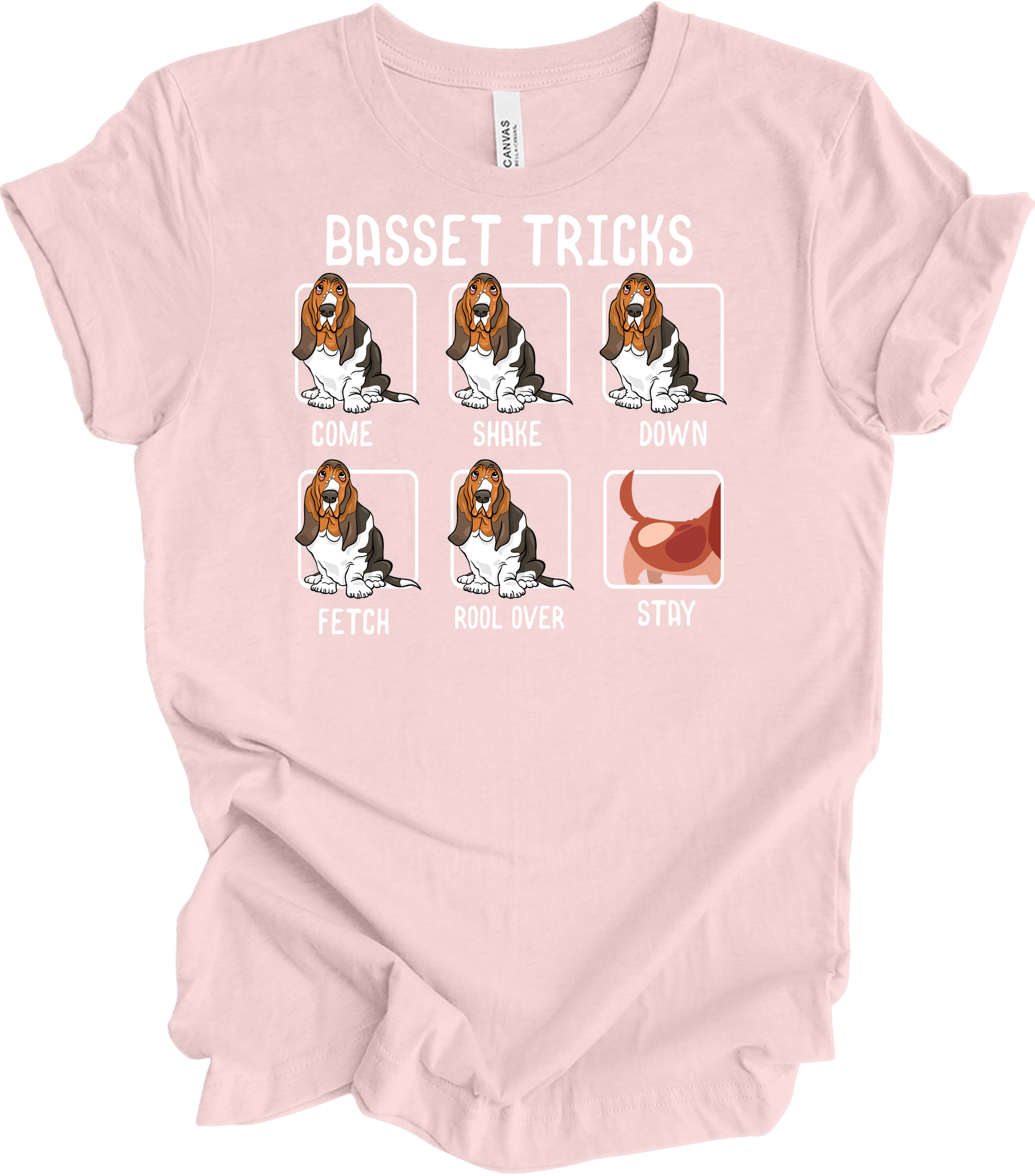 Basset Tricks Dog T-Shirt in Soft Pink