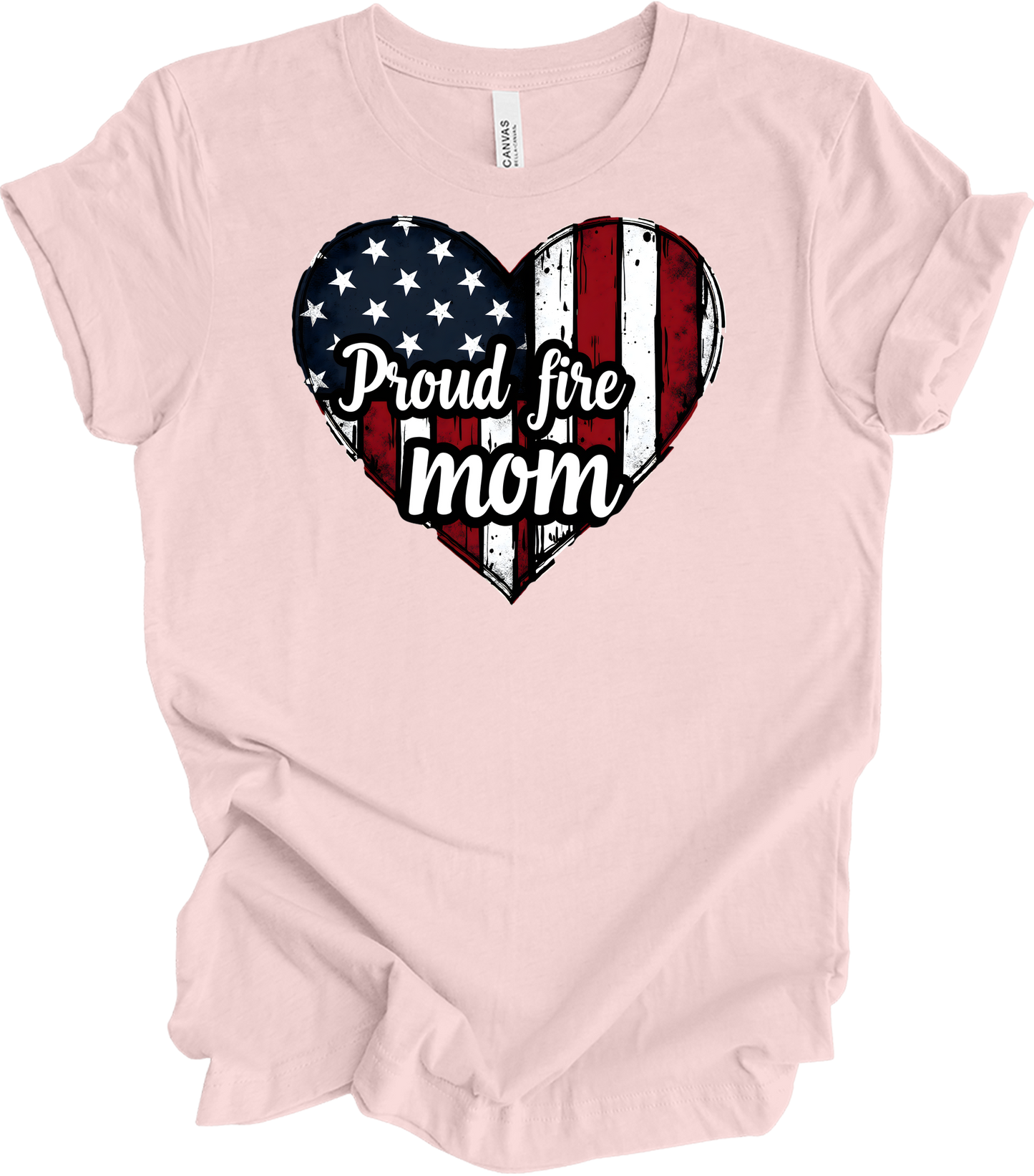Proud Fire Mom - USA Flag Heart T-Shirt in Soft Pink