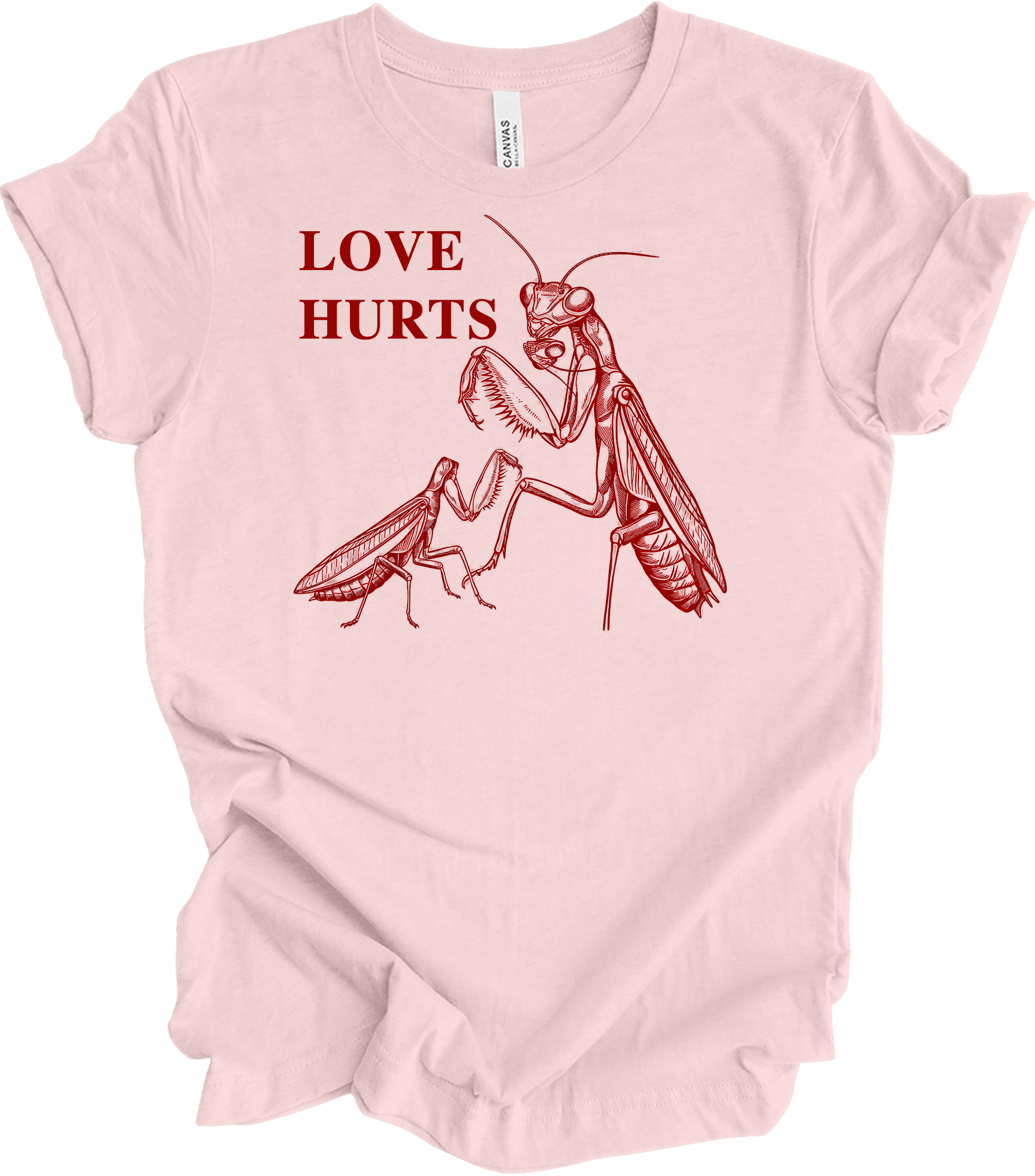 Love Hurts Praying Mantis T-Shirt in Soft Pink