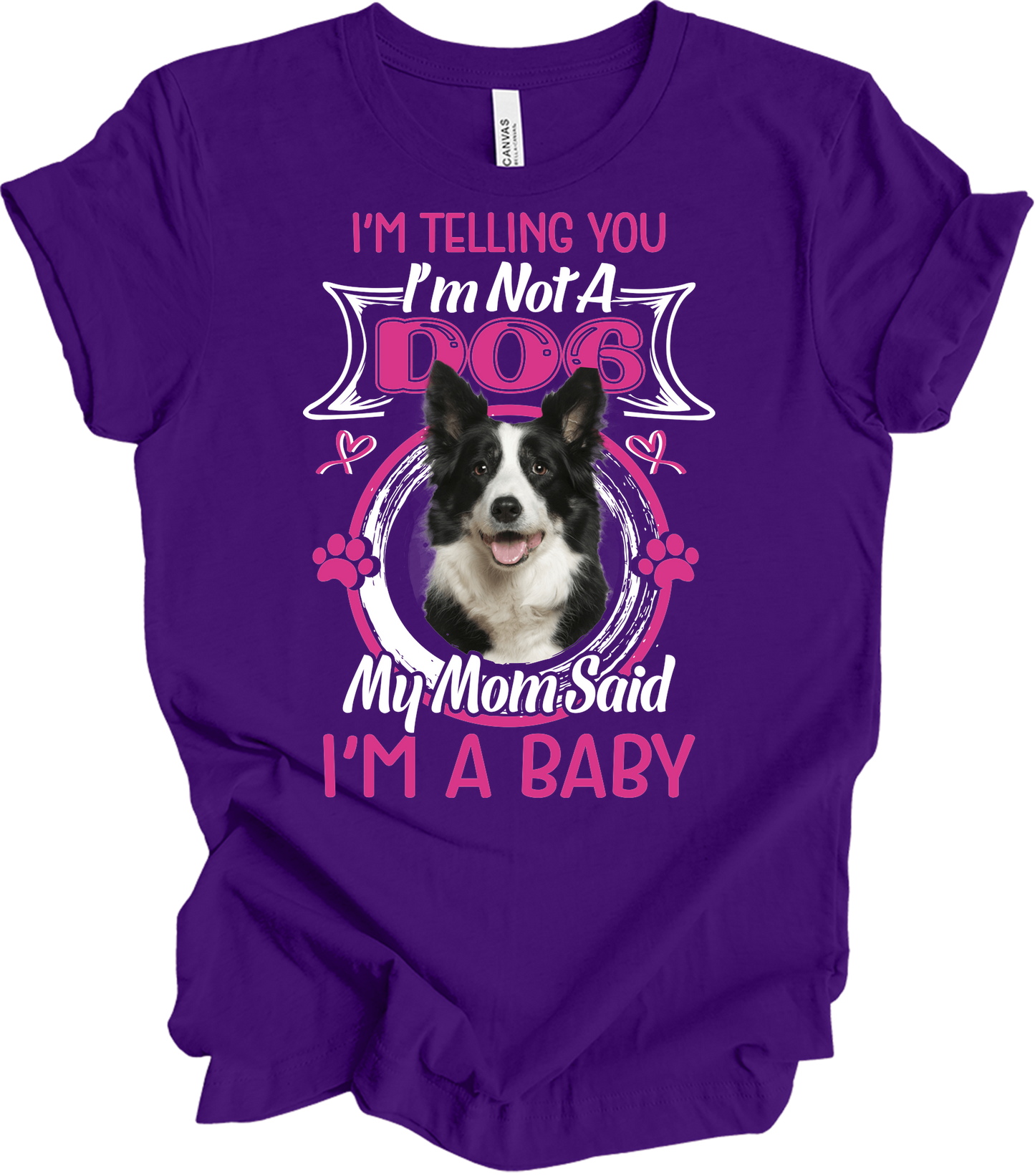 Border Collie 'I'm A Baby' T-Shirt in Team Purple