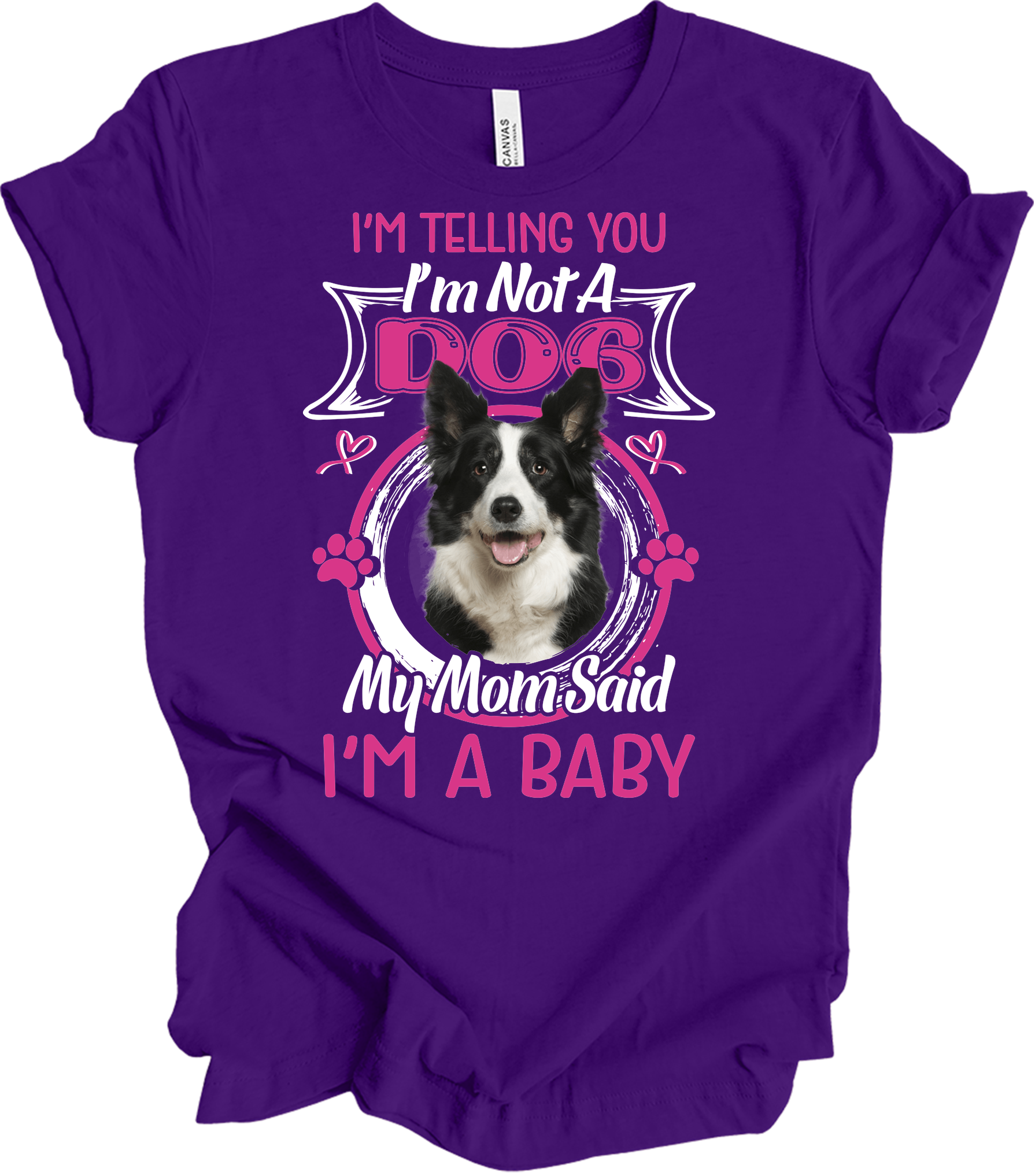 Border Collie 'I'm A Baby' T-Shirt in Team Purple
