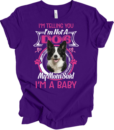 Border Collie 'I'm A Baby' T-Shirt in Team Purple