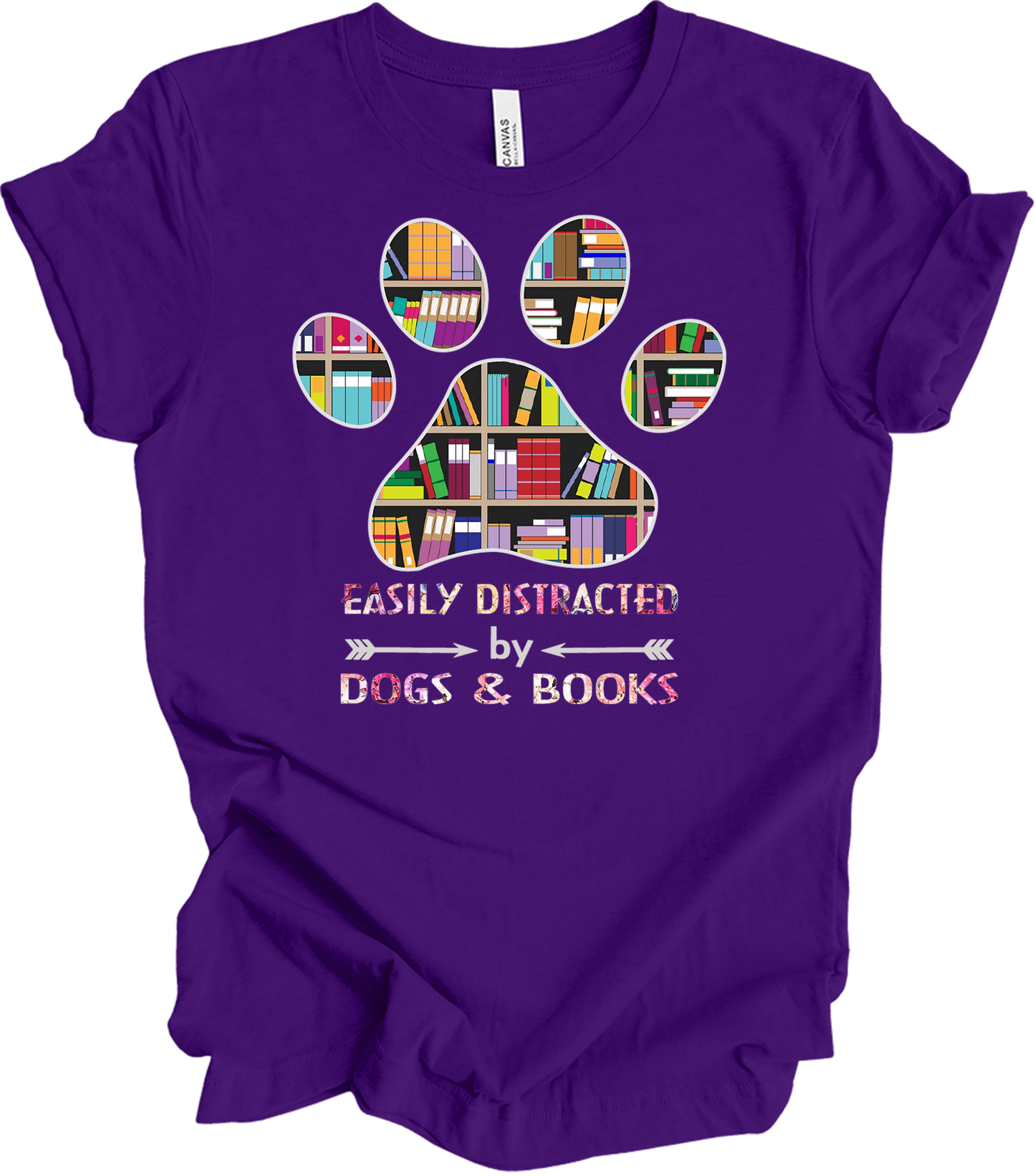 Colorful Paw Print Dogs & Books T-Shirt in Team Purple