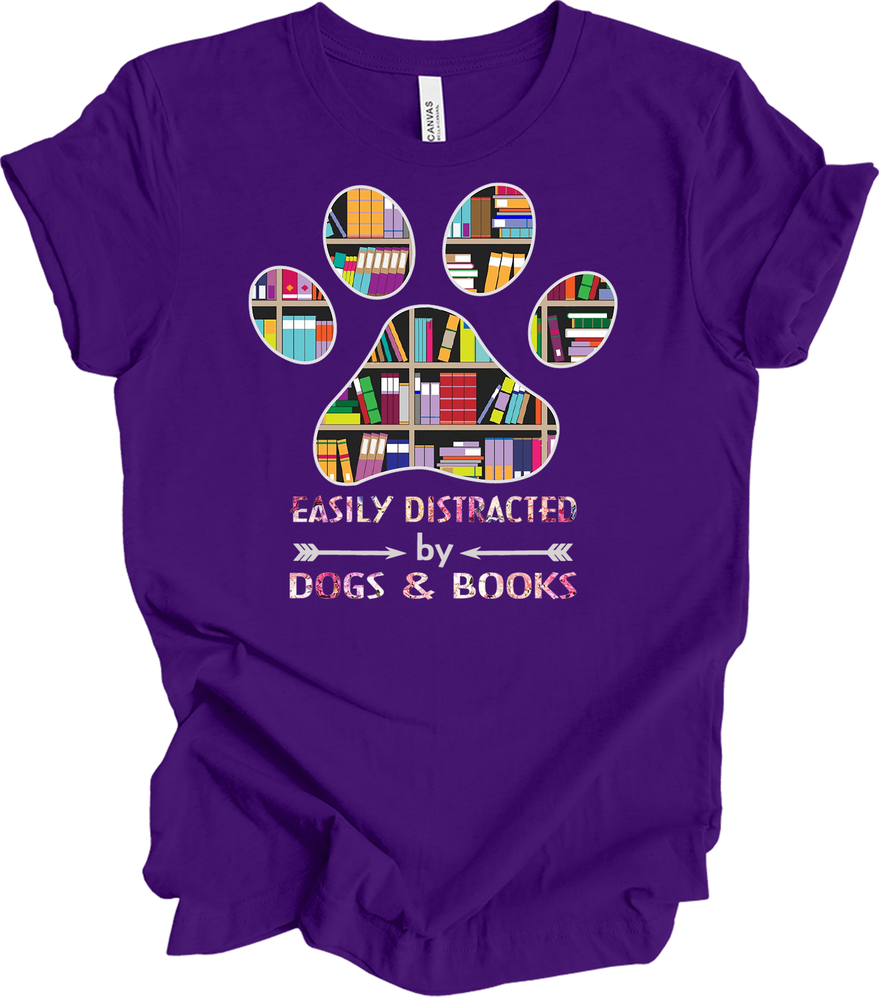 Colorful Paw Print Dogs & Books T-Shirt in Team Purple