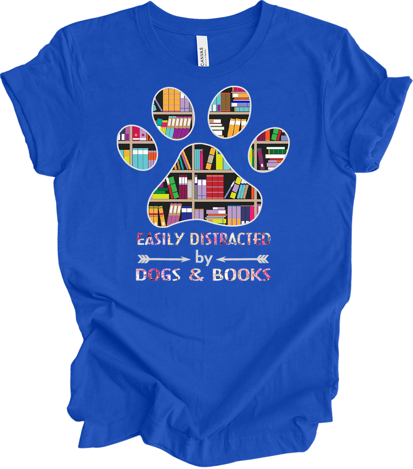 Colorful Paw Print Dogs & Books T-Shirt in True Royal