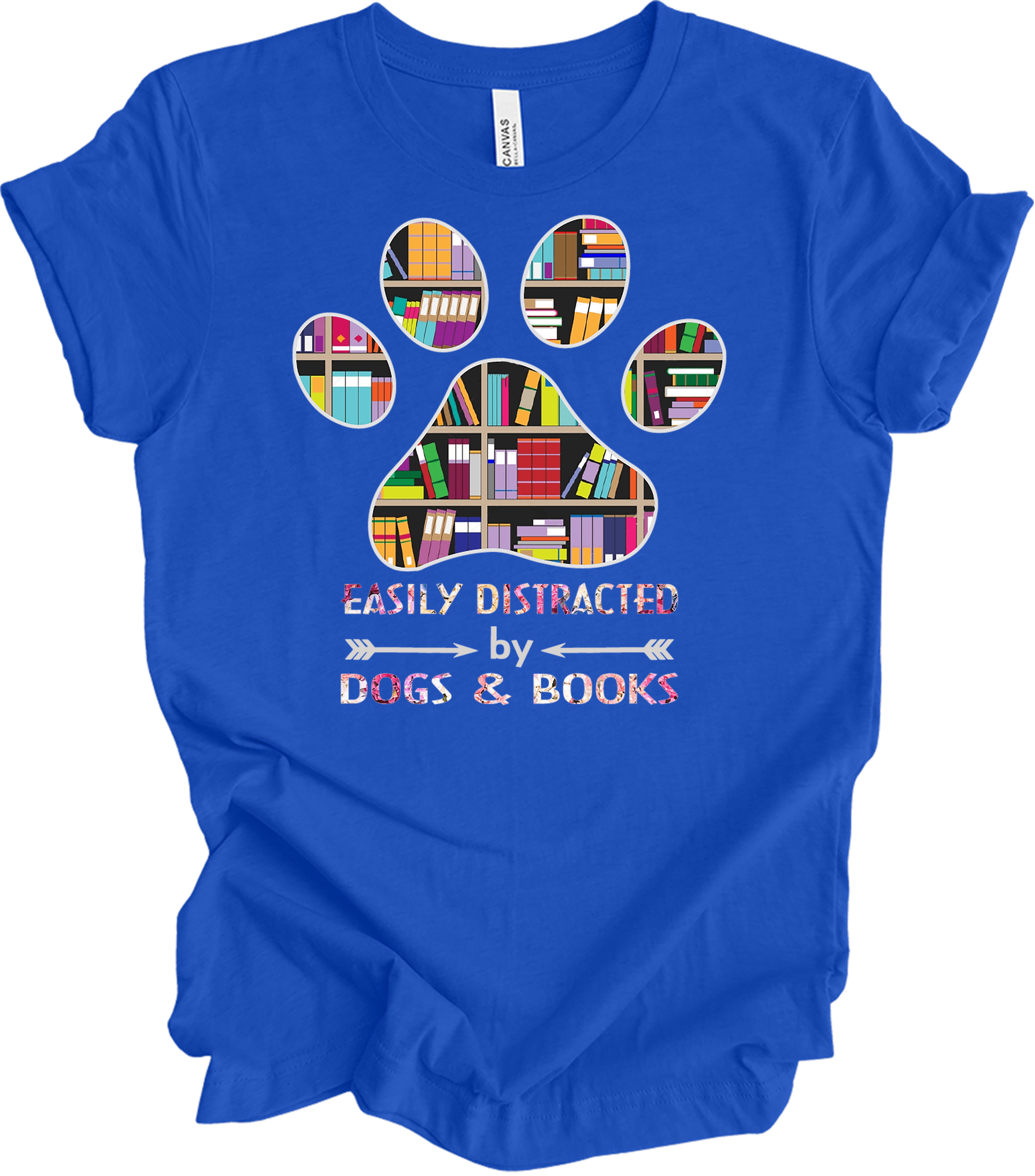 Colorful Paw Print Dogs & Books T-Shirt in True Royal