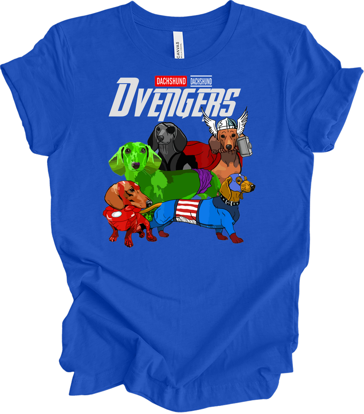 Dachshund Dvengers Funny Dog Lover Superhero T-Shirt in True Royal