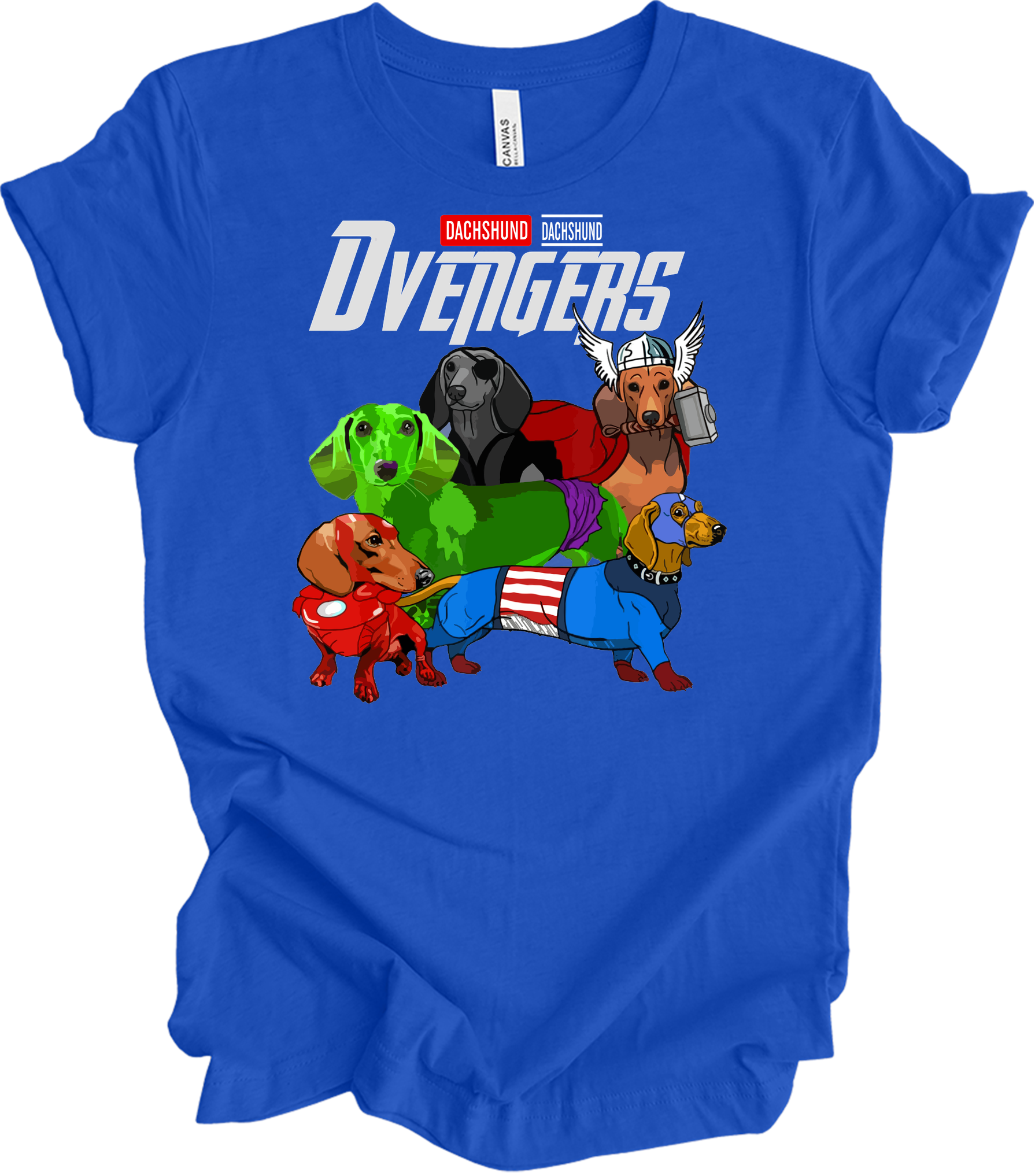 Dachshund Dvengers Funny Dog Lover Superhero T-Shirt in True Royal