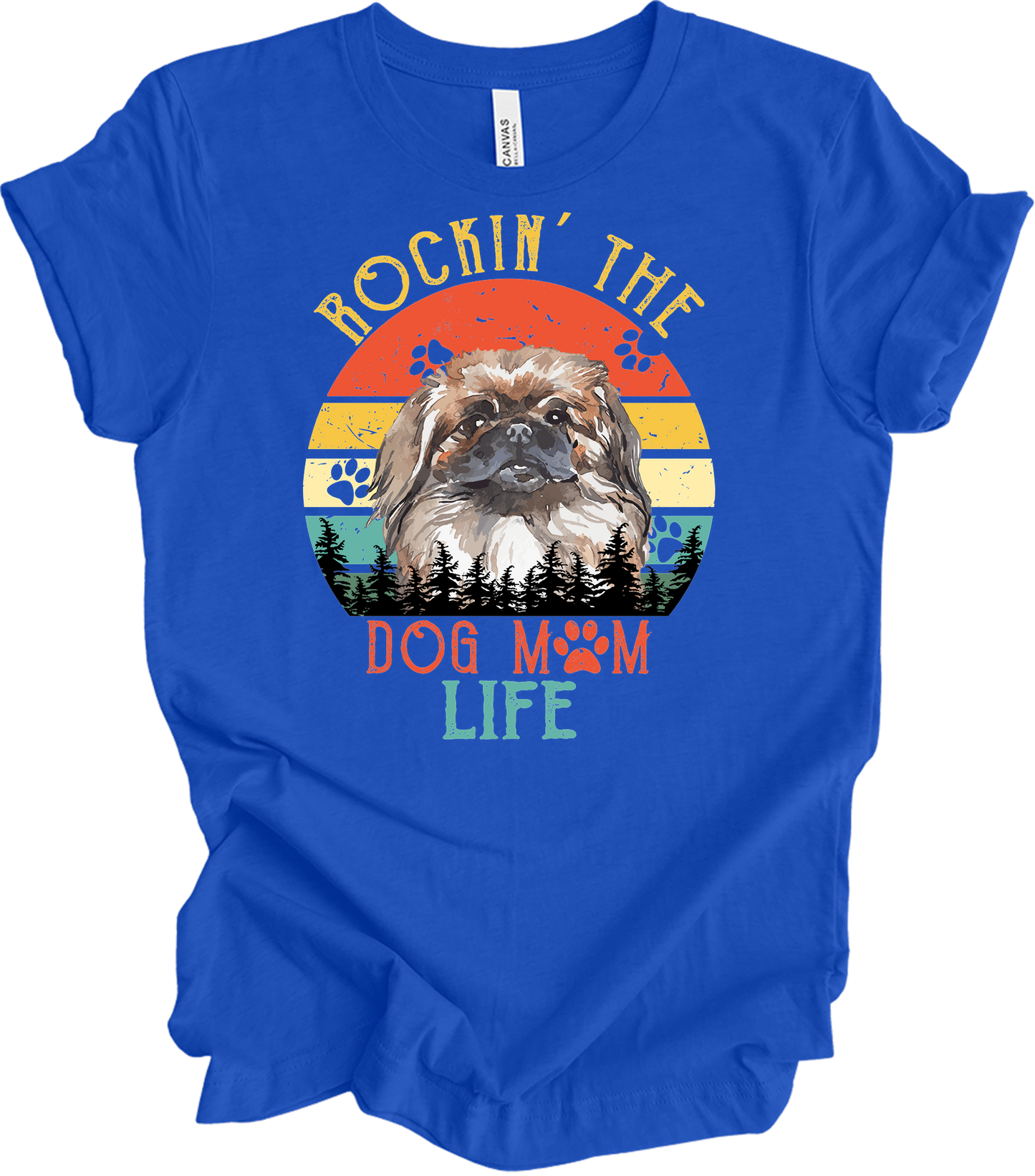 Pekingese Dog Mom Life Retro Sunset T-Shirt in True Royal