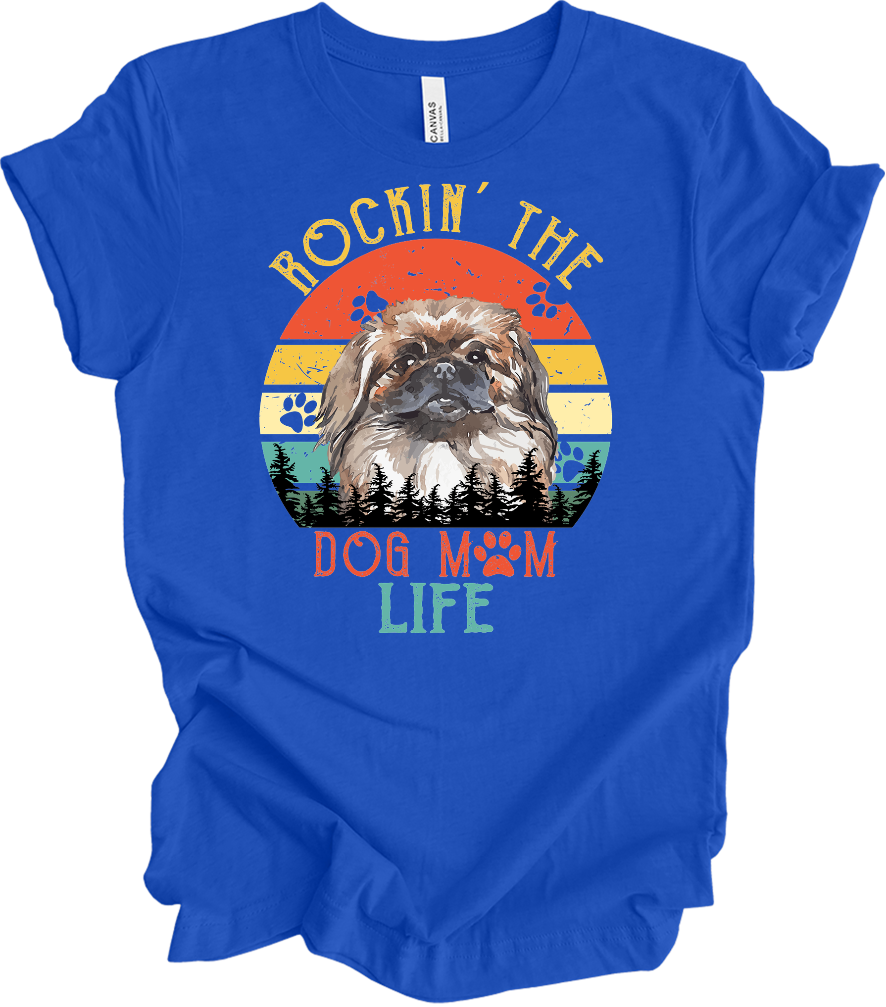 Pekingese Dog Mom Life Retro Sunset T-Shirt in True Royal