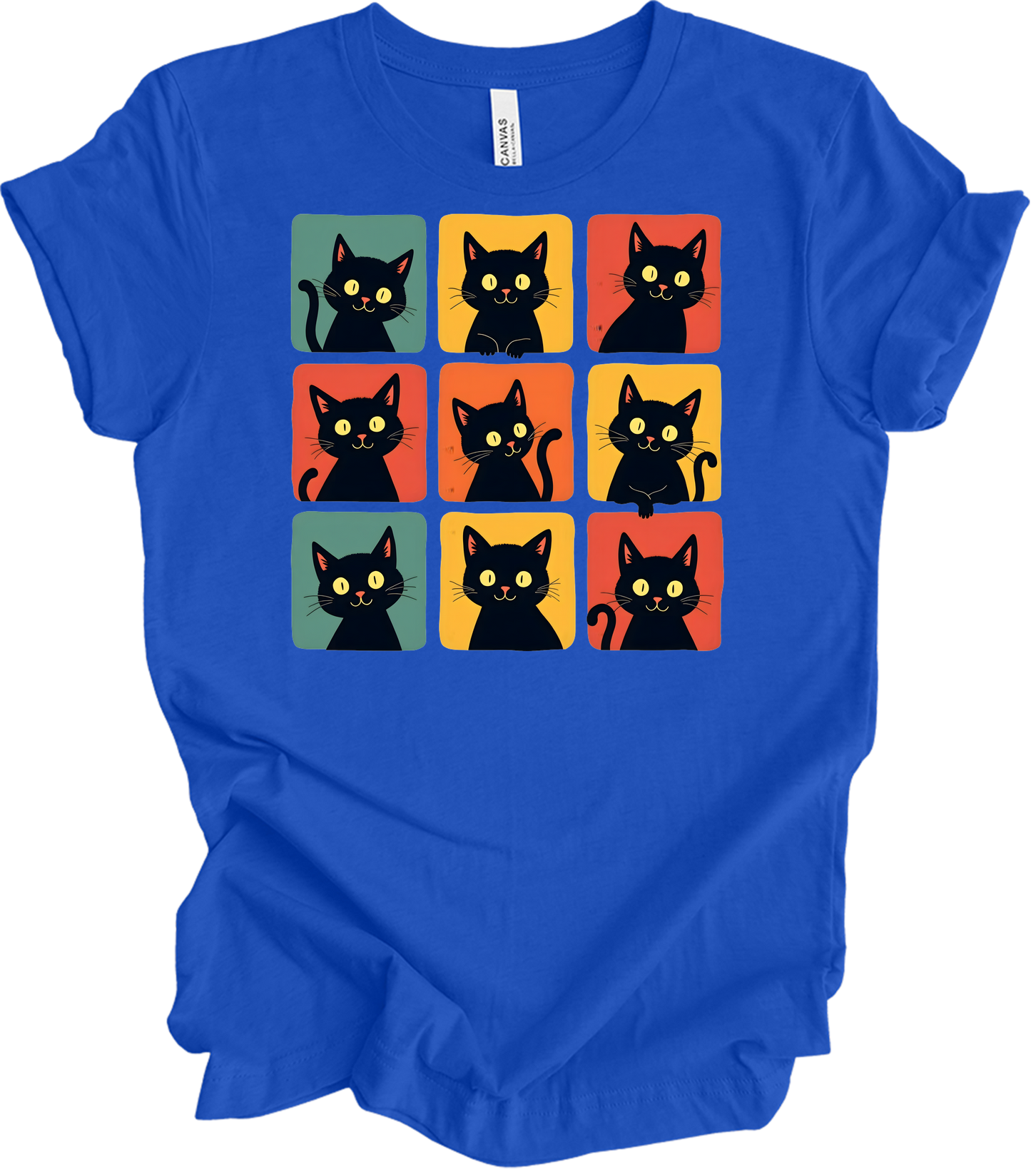 Retro Black Cat Faces T-Shirt in True Royal