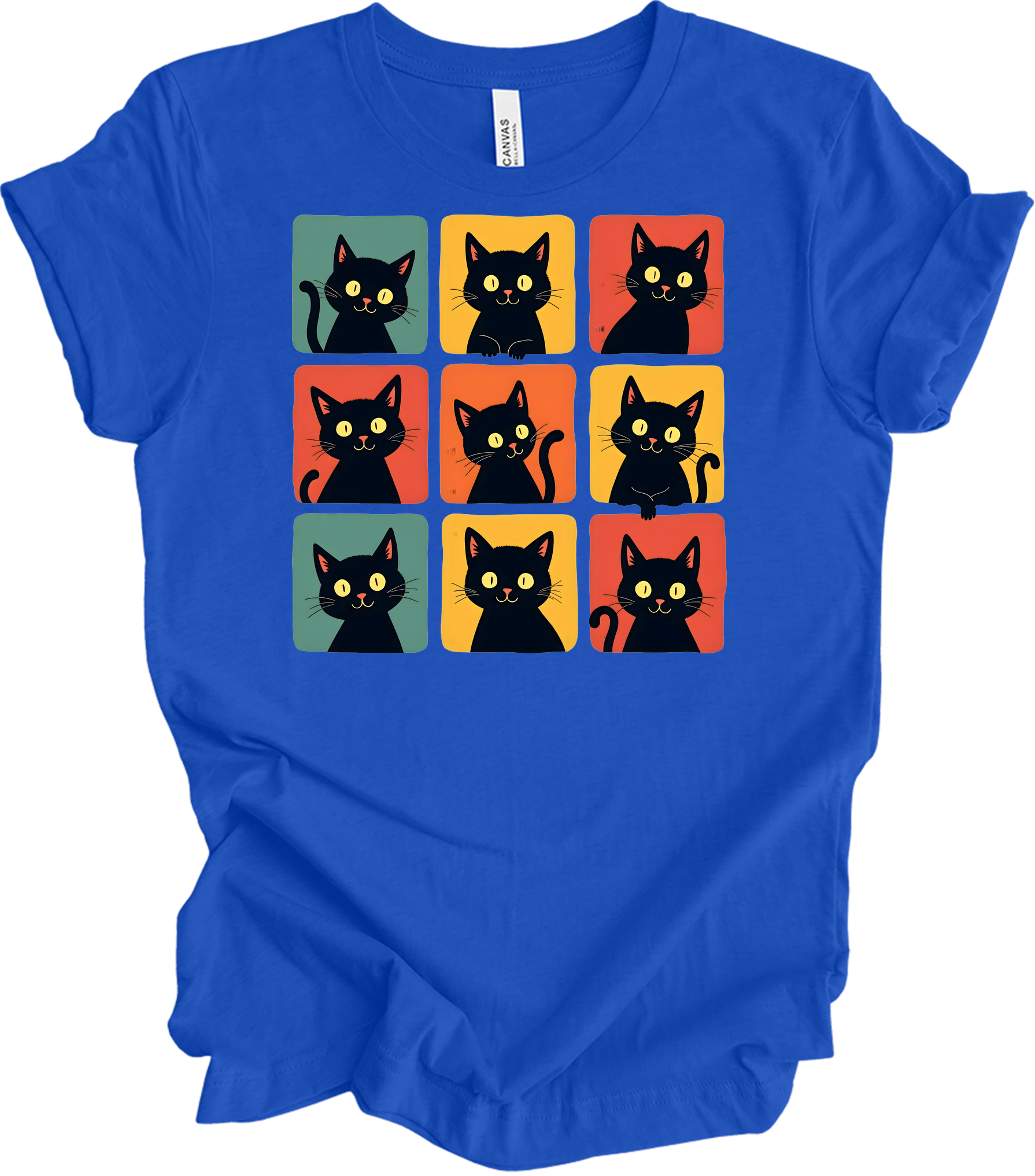 Retro Black Cat Faces T-Shirt in True Royal